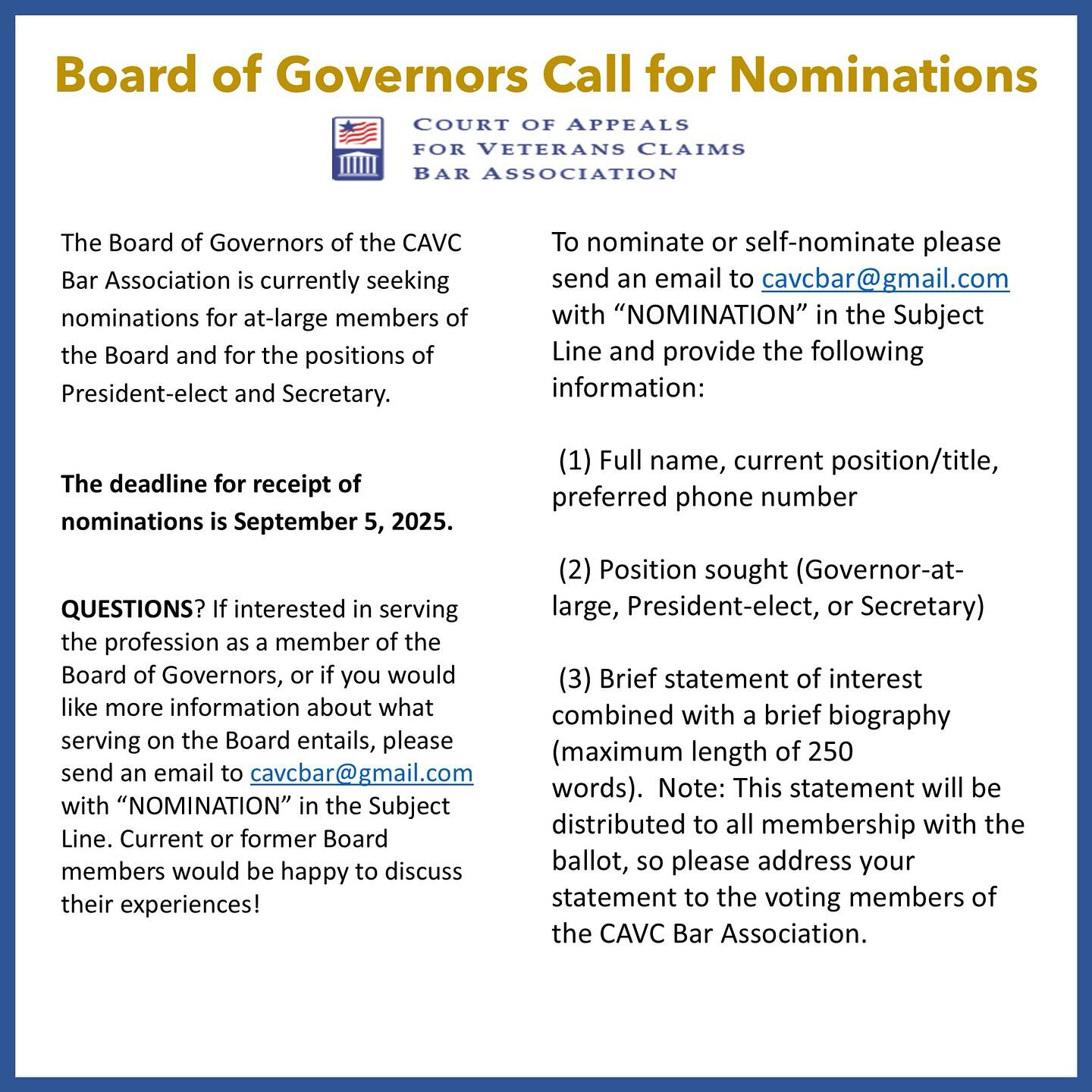 Interested in serving on the Board of Governors? Submit your nomination or self nomination by September 5, 2025!
