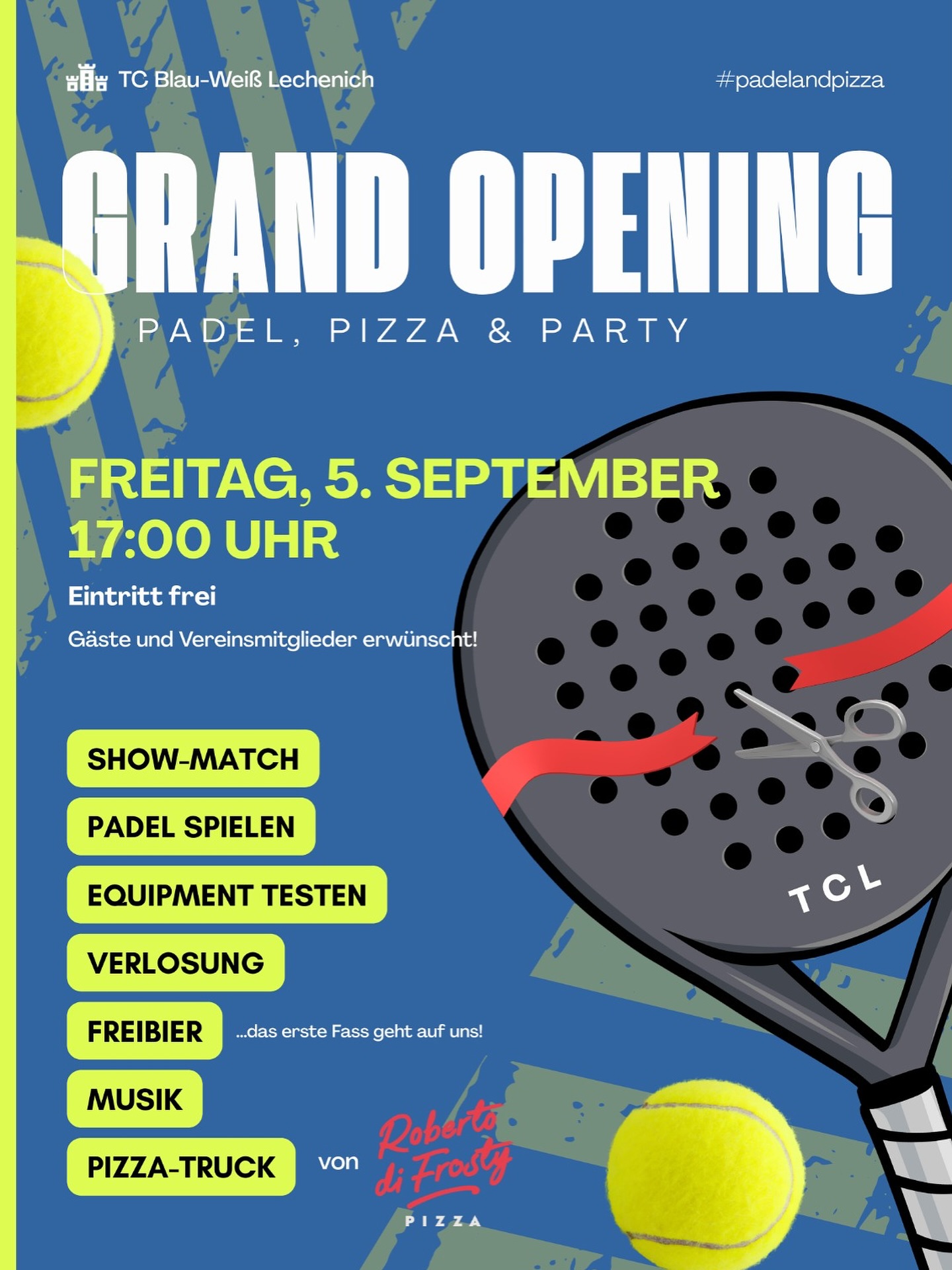 SAVE THE DATE – am Fr., 5.9. feiern wir die Eröffnung der Padel Courts bei uns auf dem Vereinsgelände! Kommt vorbei, wir haben uns ein cooles Rahmenprogramm überlegt. Außerdem gibts🍺, 🍕 von @frosty.pizza und 🎵
🎾🚀
Wie freuen uns auf euch!