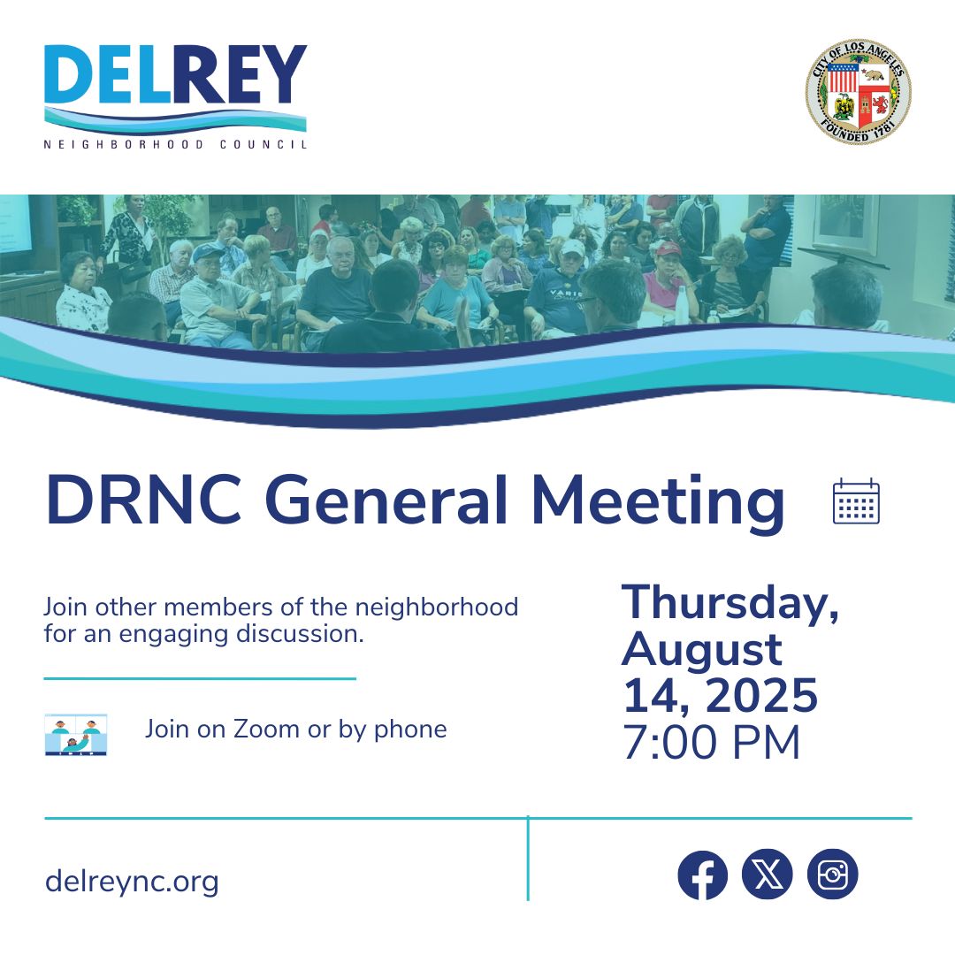 Join us for our monthly board meeting this Thursday, August 14 at 7pm on Zoom where we’ll consider a motion to restore access to the Marvin Braude bike path that was suddenly blocked with construction of a concrete wall. We’ll also vote on motions to appoint 3 new board members. Agenda and Zoom link can be found on our calendar: https://www.delreync.org/calendar
#delreync #communitymeeting #delreyneighborhoodcouncil