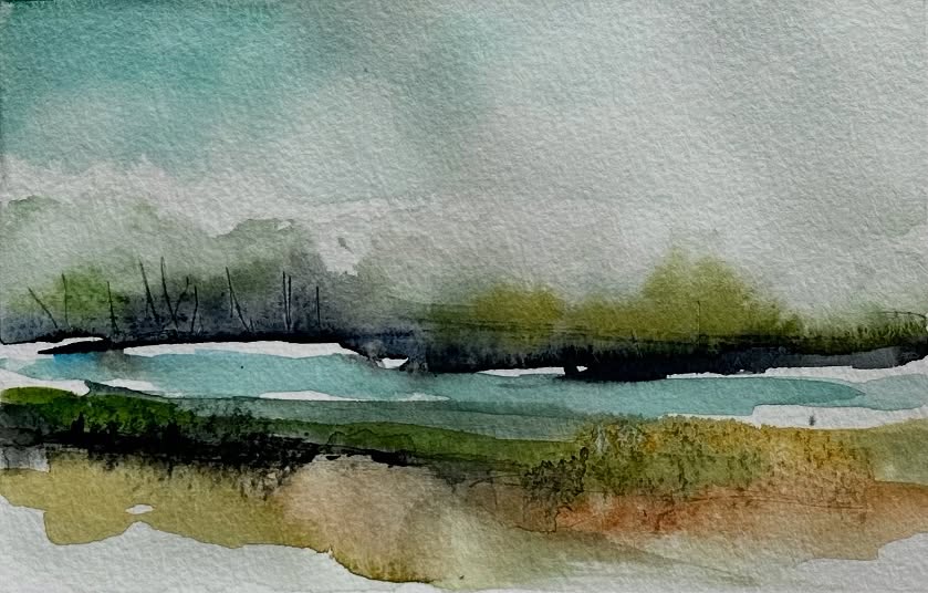 This piece I painted last week during our holiday in the Biesbosch.
I kept the shapes loose and abstract, working in layers and using the same earthy colours as in my recent studies. I like how it captures the rhythm of the landscape without getting too detailed.
Tomorrow I’ll be heading back there with my class for a en plein air painting day — really looking forward to it.
Watercolour on paper – 15 × 20 cm
#watercolour #abstractlandscape #biesbosch #pleinairpainting #natureinspired #contemporarywatercolour #landschappenschilderij #earthpalette