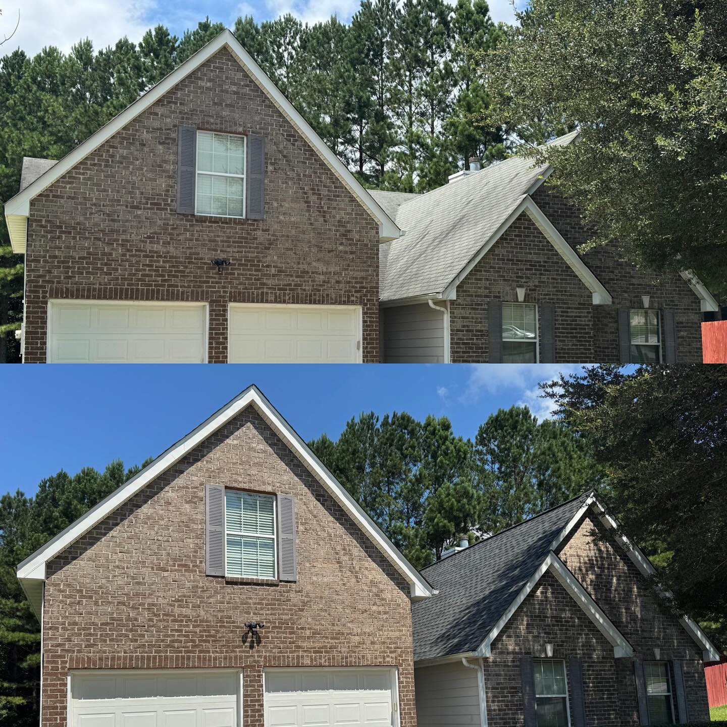 Before and after photos of a new GAF Timberline Charcoal Shingle Installment…