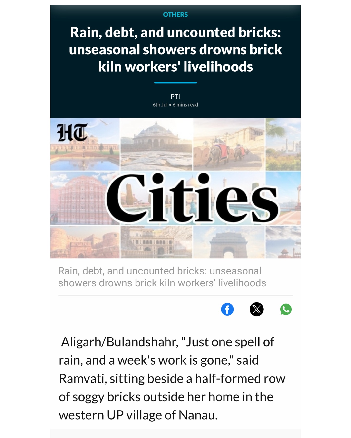 Brick Kilns par kaam karne wale workers ke liye unseasonal rain ek badi tabahi lekar aati hai. Brick production ka peak season waise March se June tak hota hai, jab tez dhoop mein haath se banayi gayi eenton ko sukhaaya jaata hai. September-October mein fir se production shuru kiya jaata hai.
Pichhle kuch saalon mein humne dekha hai ki peak season mein bhi baar-baar unseasonal rain ho rahi hai. Yeh badalte mausam ya climate change ke pattern ka ek hissa hai, jiska sabse zyada asar brick kiln workers par padta hai.
Iski wajah se brick production ka kaam ruk jaata hai aur workers unemployed ho jaate hain. Income ka koi aur source na hone ke kaaran inhe financial crisis ka samna karna padta hai.Aise samay mein, alternate livelihood ka koi aur avsar mil jaaye, toh ye apna aur apni family ki life ko aur better bana sakte hain.
Aise kya alternate livelihoods ke options ho sakte hain? Apne opinion hamare saath comments mein share karein.
#unseasonalrain #eenth #brick #brickkiln #bhatte #bhatthe #eeth #inth #migrant #migrantlabourers #migrantworkers #ruraldevelopment #uttarpradesh #UP #bricks #brickbybrick #mausam #labour #baarish #rain #baarish☔ #climatechange