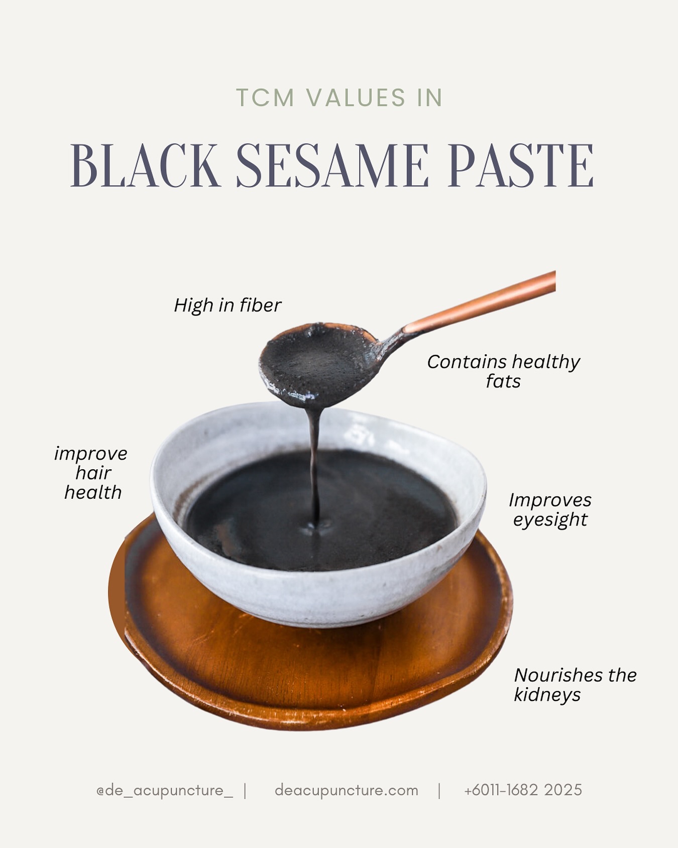 Who knew a simple black paste could pack such a powerful punch 👊🏻?
Black sesame paste, a beloved treat in Chinese culture, is a true superfood.
Why is it so awesome✨?
🖤 Hair Hero:
Want luscious locks? Black sesame paste can help!
🖤 Skin Savior:
It nourishes your skin, leaving it glowing and radiant.
🖤 Brain Booster:
Improve your memory and focus with this brain-boosting food.
🖤 Stress Reliever:
Calm your mind and body with this soothing treat.
How to Enjoy Black Sesame Paste:
✅ Slather it on:
Spread it on toast or crackers for a tasty snack 🍞.
✅ Smoothie Boost:
Add a spoonful to your smoothies for a nutty flavor🥤.
✅ Dessert Delight:
Use it as a topping for ice cream or yogurt🍦.
So, next time you’re craving a delicious and nutritious treat, reach for black sesame paste!
_
#traditionalchinesemedicine #中医 #tcm #wellness #health #mindfulness #selfcare #malaysia #KL #PJ #de_acupuncture_ #医心医意中医坊
#DeAcupuncturexHerbsCentre
//
👩🏻⚕️医心医意中医坊
De Acupuncture x Herbs Centre
🇲🇾Certified TCM Practitioners
📣Appointment only, no walk-ins
📍Subang Jaya USJ 1 诊所
🈺Tue-Sat 9am-6pm
☎️WhatsApp 011-1682-2025
🌐deacupuncture.com