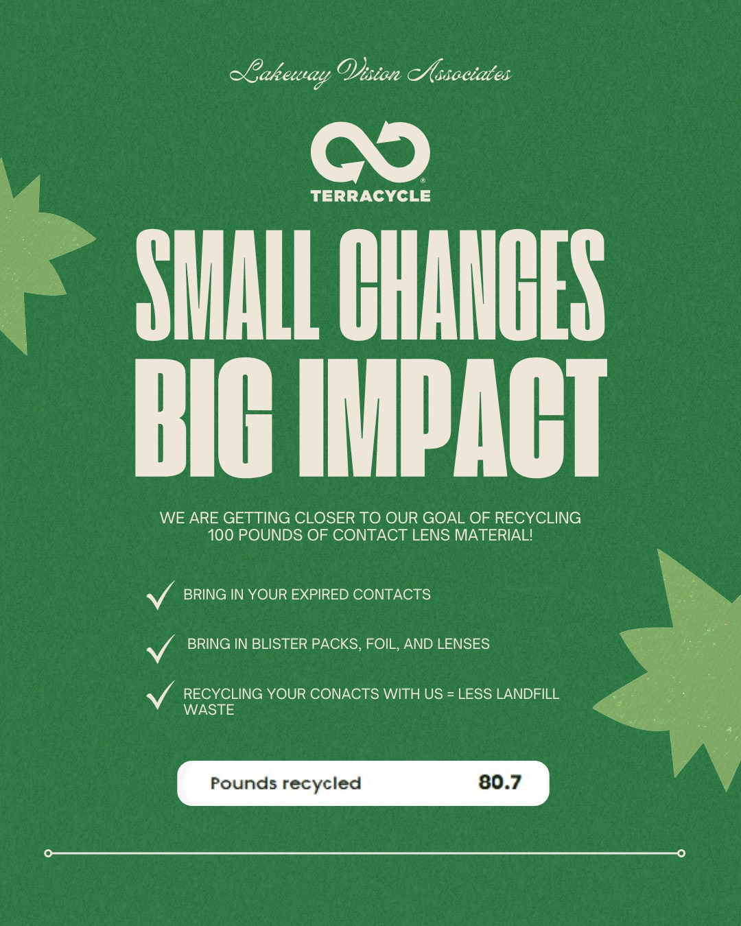 With your help we have now recycled 80.7 pounds of contact lens material!
As you may know contact lens materials are not accepted by your usual recycling programs which is why we work with @terracycle to reduce waste and lower our carbon footprint! So stop by with any of your contact lens waste and we will happily recycle that for you!