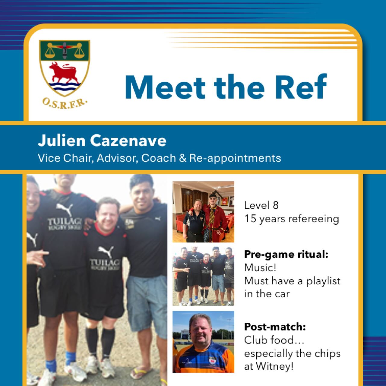Meet the Ref is back for our 25/26 season.
First up, bringing a little international flair to the society, our Vice Chair & Re-appointments Manager, Julien Cazenave @belhysys123
Originally from France, Julien played for the county at U18 before moving to England.
Unfortunately, 2 broken shoulders and a torn achilles meant that he had to step back from playing but he kept in touch with rugby through coaching.
Julien started out reffing his son’s age grade up to U16 @oxfordquins and later joined the society.
Although he admits to getting nervous before matches, Julien rarely turns down an opportunity to get out in the middle or support as an assistant referee (AR).
As if that’s not enough, he has also picked up his clipboard to support referee development as a coach and advisor and is an active member of the committee as vice chair alongside managing re-appointments, which is a tricky task - having to find alternative referees when the original referee has had to pull out.
Claim to fame:
Look up Julien Cazenave on Wikipedia…
Oh… and YES – that is him with @tuilagimanu (no boxes were available at the time, apparently).
If he’s reffing at your club, see if you can get a shout out for the food - the chips at @witneyrfc_official got a special mention!
#keepyourbootson #bepartoftheteam🌹 #meettheref #refereeprofiles #golfwidower