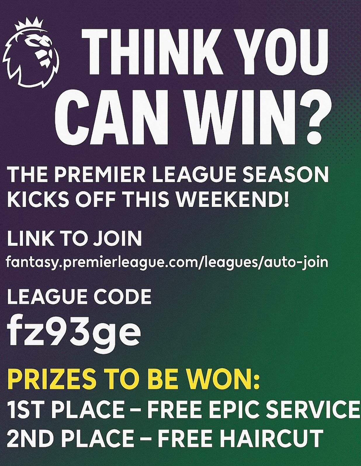 ⚽ Join our Fantasy Premier League and battle it out for epic prizes!🏆
🥇 1st place – FREE Epic Service
🥈 2nd place – FREE Haircut
📌 Join here (link in bio) : https://fantasy.premierleague.com/leagues/auto-join/fz93ge
💬 League Code: fz93ge
#EpicBarbers #GuildfordBarbers #FPL #FantasyPL #PremierLeague #BarberLife #Guildford #FootballFans #EpicService
