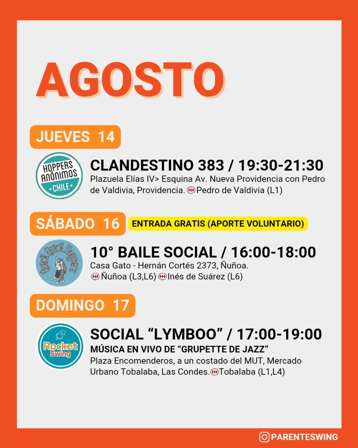 ✨Todos los eventos son gratuitos y abiertos a todo público, a menos que se indique valor de entrada 💸
‼️Cualquier modificación o nuevo evento en los comentarios👇🏻 y/o por historias 👆🏻
🤔 Qué es una Jam, Clandestino o Baile Social?
Una instancia donde fanáticos de los bailes swing (Lindy hop, Balboa, Shag, Solo jazz) se reunen a compartir, hacer comunidad y a la vez, practicar.
❌ Las actividades publicadas NO son instancias de clases para aprender a bailar, a menos que se indique “Taller” o “Clase Abierta”.
👀 Quieres aprender a bailar?
En nuestra historia destacada “CLASES” está toda la información y formularios de inscripción a los cursos del mes de las escuelas de bailes swing ✨
Nos vemos en la pista! 💃🏻🕺🏻🔥
#danzachile #lindyhopchile #swingchile #bailechile #eventoschile #danzasantiago #santiagodechile #panoramasgratis #swingdancechile #swingdancingchile #lindyhopperschile #panoramasgratis #panoramagratis #santiago