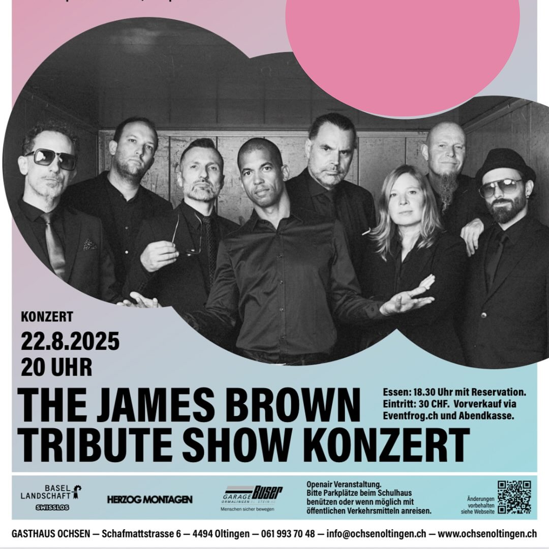 Diesen Freitag, 22.08.2025 bei uns auf der Bühne 😍Ein Kollektiv bestehend aus acht etablierten Schweizer Jazz- und Funk-Musikern um die Hausband des Solothurner Drummers und Bandleaders J.J. Flueck, hat es sich zur Aufgabe gemacht dem 2006 verstorbenen Godfather of Soul mit einer Tribute Show Respekt zu zollen. Ein wahres Feuerwerk an Rhythmen und Emotionen welches den Godfather of Soul mitten in Oltingen auferstehen lässt. #jamesbrowntributeshow #ochsenoltingen #ochsenmachtglücklich #konzertimochsen #konzertbaselland #kulturbaselland