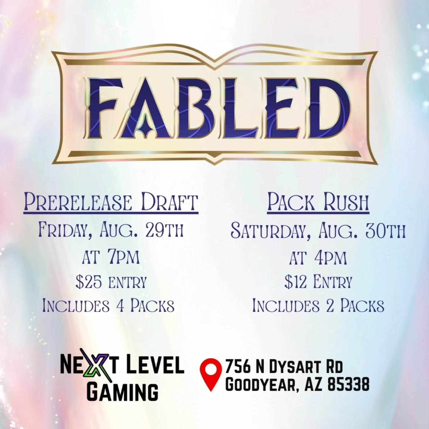 Lorcana Fabled comes out soon!
Prerelease Draft at 7pm on Friday, Aug 29th and Pack Rush at 4pm on Saturday, Aug 30th!
We are excited to see the new cards as well as the reprints! A lucky player may even pull an Iconic!!
#lorcanatcg #lorcanacommunity #lorcanapackrush #fabled #prerelease #lorcanacards #lorcanafabled #az #Goodyear #goodyearaz #westvalleyaz #tcgseller #tcgplayer #tcgtournament #cardshop #hobbyshop #tradingcardshop #tradingcards