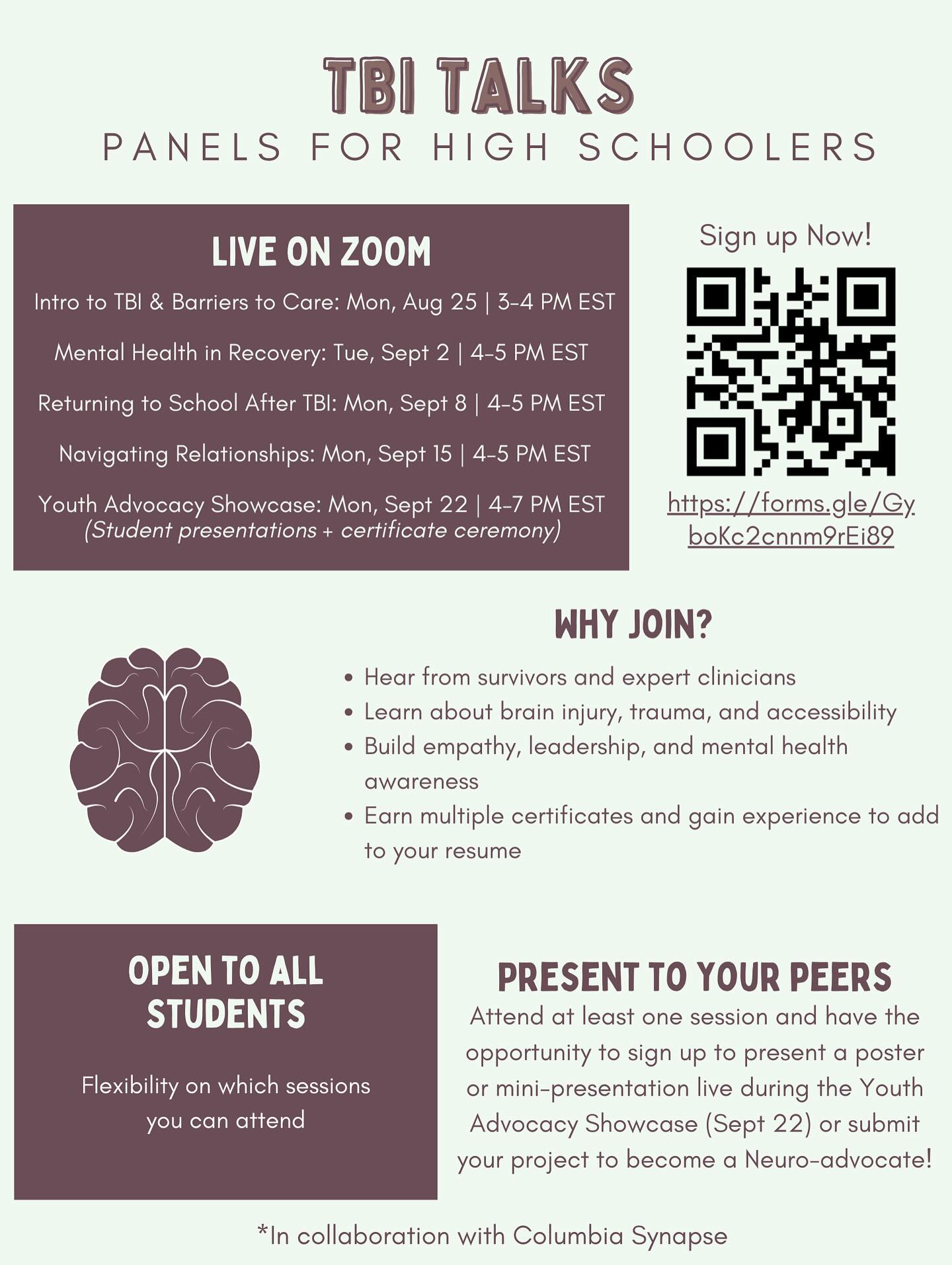 Youth4Neuro presents TBI Talks; a panel series for high schoolers to learn, connect, and advocate 🧠
Hear from survivors and clinicians, explore topics like recovery, school, and relationships, and even present your own project at the Youth Advocacy Showcase! 🎤
📅 Live on Zoom starting Aug 25
✅ Open to all students
🎓 Certificates available
Sign up today using the link in the flyer or QR code!
#neuroscience #y4n #fyp