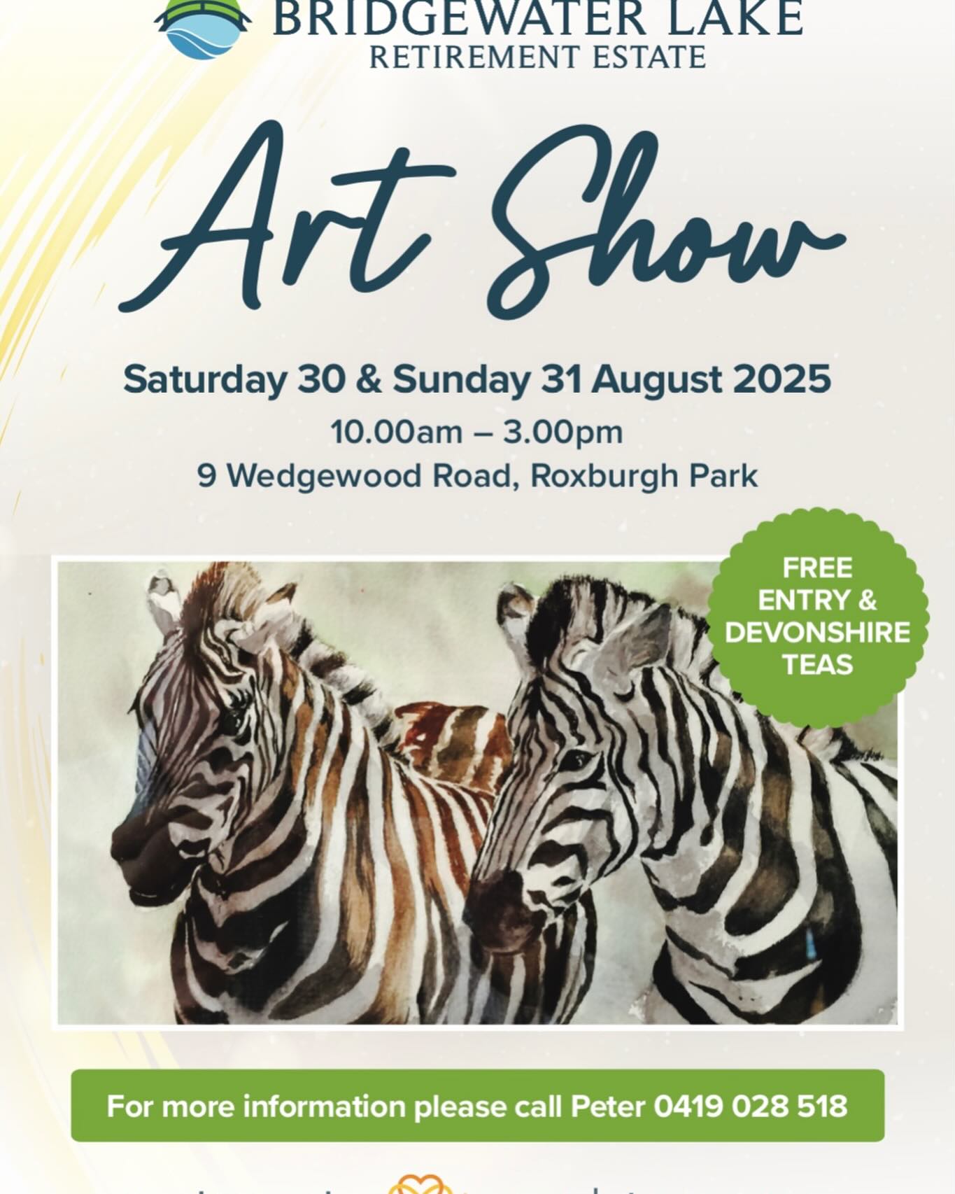 Bridgewater Lake Art Show!
Saturday 30 & Sunday 31 August
10:00am – 3:00pm
Over 300 paintings by 60 talented artists
Free entry & parking
Devonshire teas available
Bridgewater Lake, 9 Wedgewood Road, Roxburgh Park.