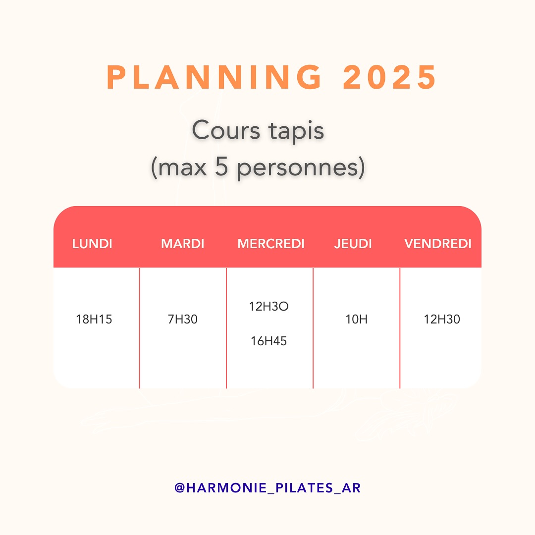 ✨ Nouveau planning des cours tapis ✨
C’est officiel ! À partir de septembre, découvrez le planning des cours tapis chez Harmonie Pilates Studio
Des séances adaptées à tous les niveaux pour :
✔️ Renforcer en profondeur
✔️ Améliorer la posture
✔️ Retrouver mobilité & bien-être
📅 Planning disponible dès aujourd’hui !
👉 Réservez votre place dès maintenant, directement sur mon site ou par message privé.
🤍 En dehors de ces créneaux collectifs, le studio vous accueille également pour des cours privés, duo ou trio, pour un accompagnement 100% personnalisé.
#pilates #courstapis #harmoniepilatesstudio #planningpilates #bienetre #strasbourg
