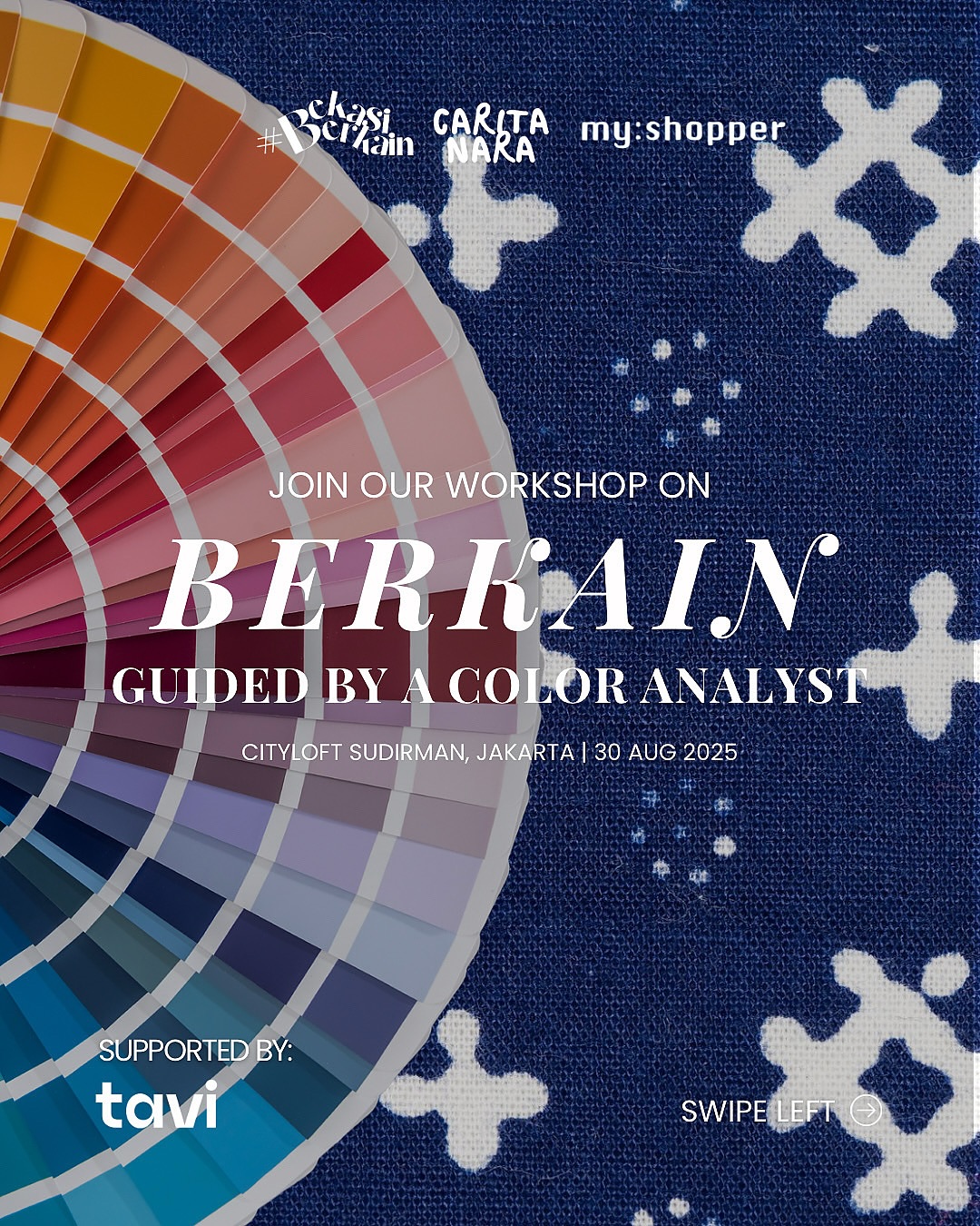 Berkain Workshop: Learn the art of berkain with guidance from a color analyst
Step into the art of berkain — a beautiful tradition of draping kain batik — and discover the colors that complement you.
In this exclusive workshop, you’ll learn berkain techniques and be guided by a professional color analyst to explore color theory and styling methods.
Immerse yourself in Indonesia’s cultural richness, experiment with styles, and connect with fellow creatives in a warm, inspiring space.
•Date & Time: Saturday, 30 August 2025 | 2:00 PM – 4:00 PM
•Location: Cityloft Sudirman, Jakarta
•Price: IDR ~800K~ IDR 439K
•Includes: kain batik, goodie bag from Tavi, mini color guide, berkain styling knowledge, and more
Seats are limited — secure your spot now!
Scan the QR code or tap the link in bio to register.
#BerkainWorkshop #BerkainJakarta #IndonesianHeritage #BatikIndonesia #BerkainStyle #CulturalWorkshop #JakartaEvents #JakartaWorkshop #CaritaNara #BatikStyle #BatikWorkshop #CulturalExperience #JakartaLife #EventJakarta #StyleWithHeritage