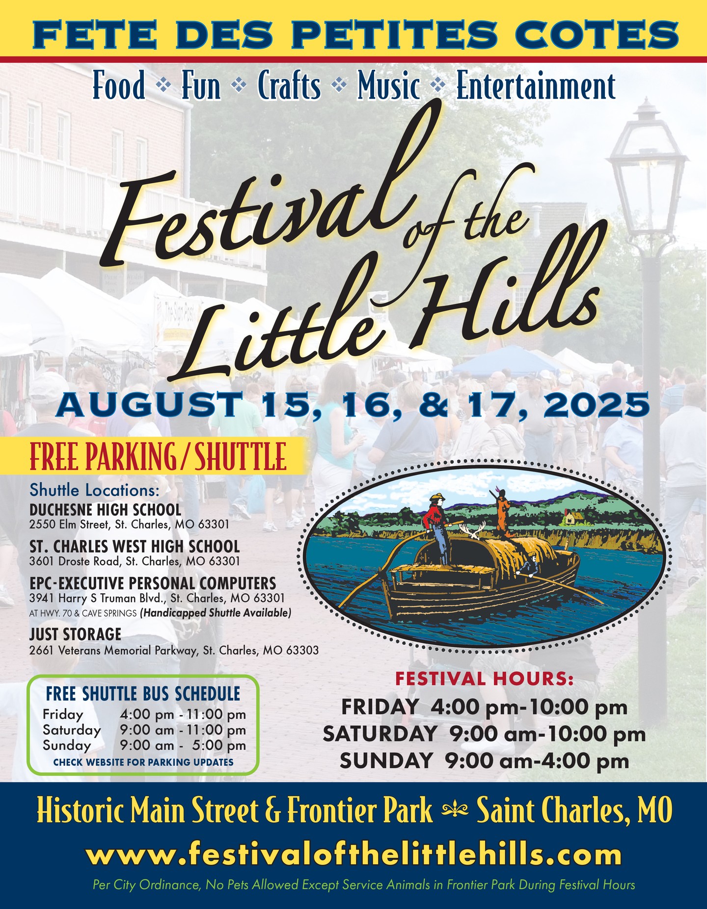 Free Shuttle and Parking! Please visit out website for a complete list of locations, days, times and a map of shuttle and parking service. And have you heard, it's all FREE!
https://bit.ly/4kReYWf
Festival of the Little Hills
Historic Main Street and Frontier Park
St. Charles, Missouri
August 15-17, 2025
www.festivalofthelittlehills.com
#festivalofthelittlehills, #stcharles, #missouri, #crafts, #food, #artfestival, #craftfestival