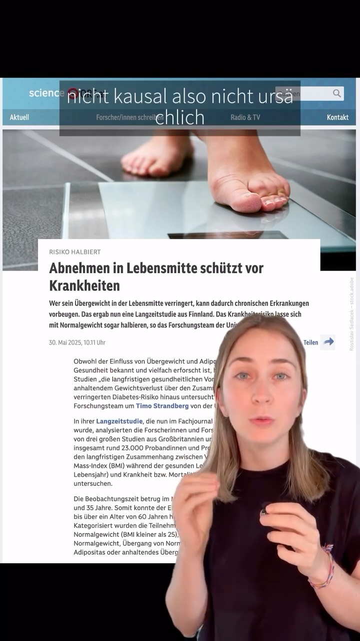 Es ist so absurd, dass es in der Studie und in den Medienberichten so dargestellt wird, als wäre der Gewichtsverlust zwischen zwei (!) Messzeitpunkten verantwortlich für den Gesundheitszustand 20-40 Jahre (!) später.
Zur Auswertung des Gesundheitszustandes lagen übrigens keine Gewichtsdaten vor bzw. wurden nicht berücksichtigt.
Regt dich das auch so auf wie mich? 😤☹️
#weightbias #gewichtsneutralewissenschaft #gewichtsneutral #diätologinwien #studie #wissenschaftskommunikation