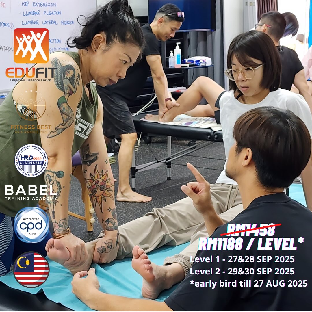 Sports Massage Therapy Certification (Kuala Lumpur) @babeltrainingacademy
.
.
Edufit Asia is coming back to Kuala Lumpur! We have opened registration for the SMT Levels 1&2 courses on 27 to 30 September 2025 at Babel Training Academy.
.
.
We are offering an early bird fee of RM1188 per level (RM1458 U.P.). GOOD NEWS! We are HRDcorp claimable! Grab the special promo fee and get your slot!
.
.
PROGRAMME CONTENT:
Level 1
*Etiquette in sports massage therapy
*Effects of sports massage
*Contraindications
*Human Anatomy
*Client assessment guidelines
*Massage techniques
Level 2
*Soft tissue release
*Myofascial stretching techniques (joint mobilisation)
*Case studies discussion on common musculoskeletal injuries
*Further education for Sports Massage Therapy
.
.
Assessments
*Formative assessments through immediate coaching during practical sessions
*30MCQ written test
.
.
What do you get?
*CPD UK global accreditation
*Highly trained educators with a combined experience of almost 30 years in the fitness and sports industry
*Conducive learning environment at Babel Training Academy
.
.
To ensure you become a competent practitioner, we offer mentoring sessions via online/face-to-face consultations (hourly rates apply).
MORE INFO AND REGISTRATION @ https://www.babel.education/sportsmassage
.
.
#malaysia #sportsphysiotherapy #physiotherapy #kualalumpur #sportsmassagetherapy #sgsportsmedicine #sportsmedicine #singhealth #muscles #myofascial #softtissuetherapy #jointmobility #sportsmassagetherapists #malaysiatherapist #klsportstherapists #klmanualtherapy #sportsmassagekualalumpur
