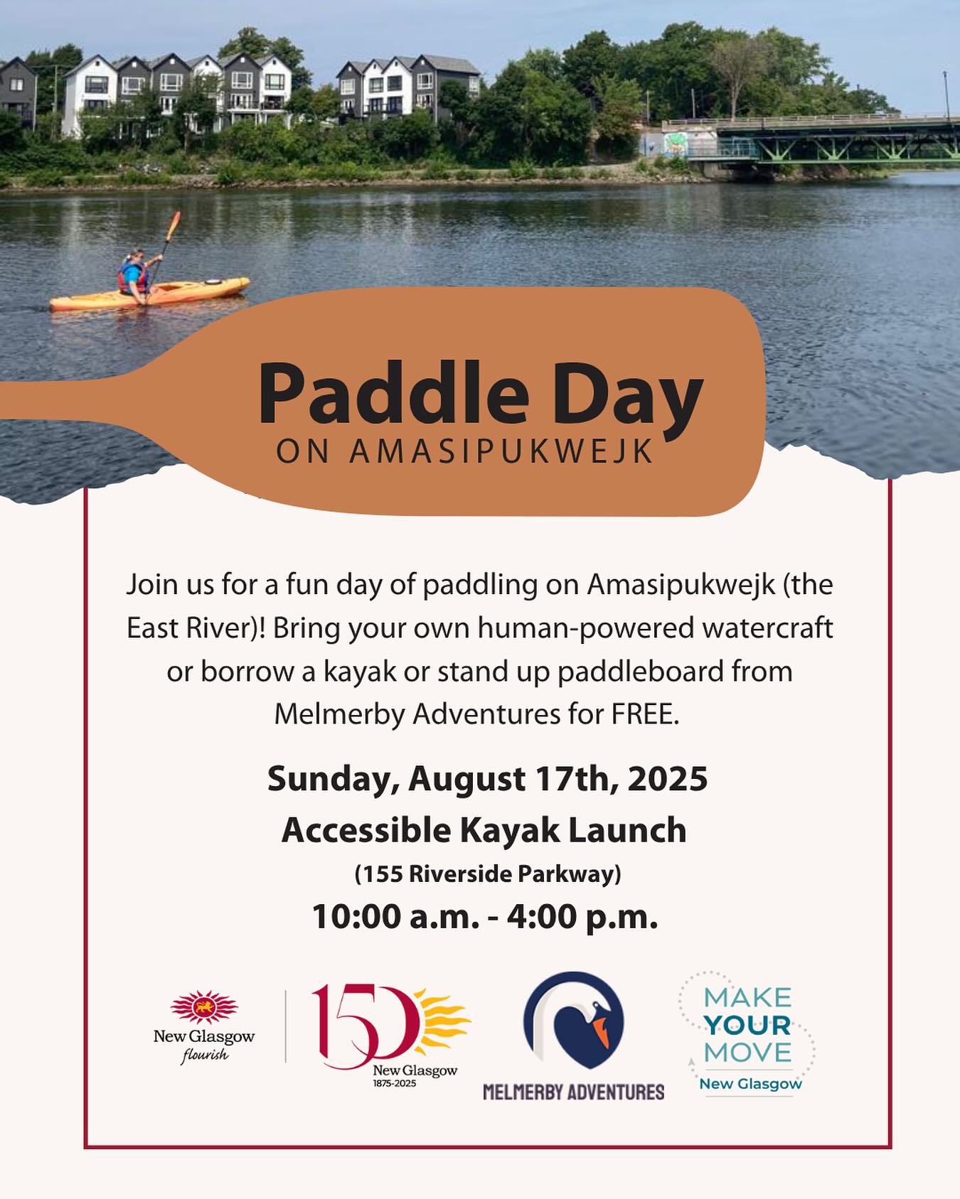 We’re back for another Paddle Day event on the East River! 🌊 Thanks to the @townofnewglasgow, we’ll have kayaks and stand-up paddleboards free of charge for you to use. Join us this Sunday at the boat launch by @glasgowsquare (155 Riverside Parkway) from 10 a.m. to 4 p.m.! 🛶 @makeyourmove_ng