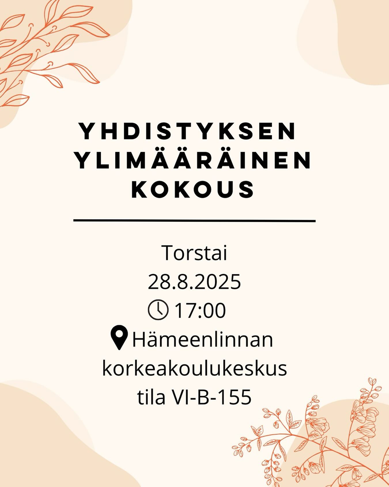 Tervetuloa yhdistyksen ylimääräiseen kokoukseen torstaina 28.8.2025 klo 17:00🐥
Kokous järjestetään Hämeenlinnan korkeakoulukeskuksella tilassa VI-B-155.
Kaikki yhdistyksen jäsenet ovat tervetulleita kuulemaan yhdistyksen tilanteesta ja tutustumaan toimintaan!🧡
Kokouksen esityslistalla on mm. hallituksen täydentäminen ja lisätalousarvio vuodelle 2025.
Jos olet kiinnostunut osallistumaan hallitustoimintaan, tule paikan päälle kokoukseen. Jos olet kuitenkin estynyt tulemaan paikalle, voit lähettää hakemuksesi meille sähköpostitse: hameenlinnanhatary@gmail.com
Unfortunatelly, our official meeting is only held in Finnish.