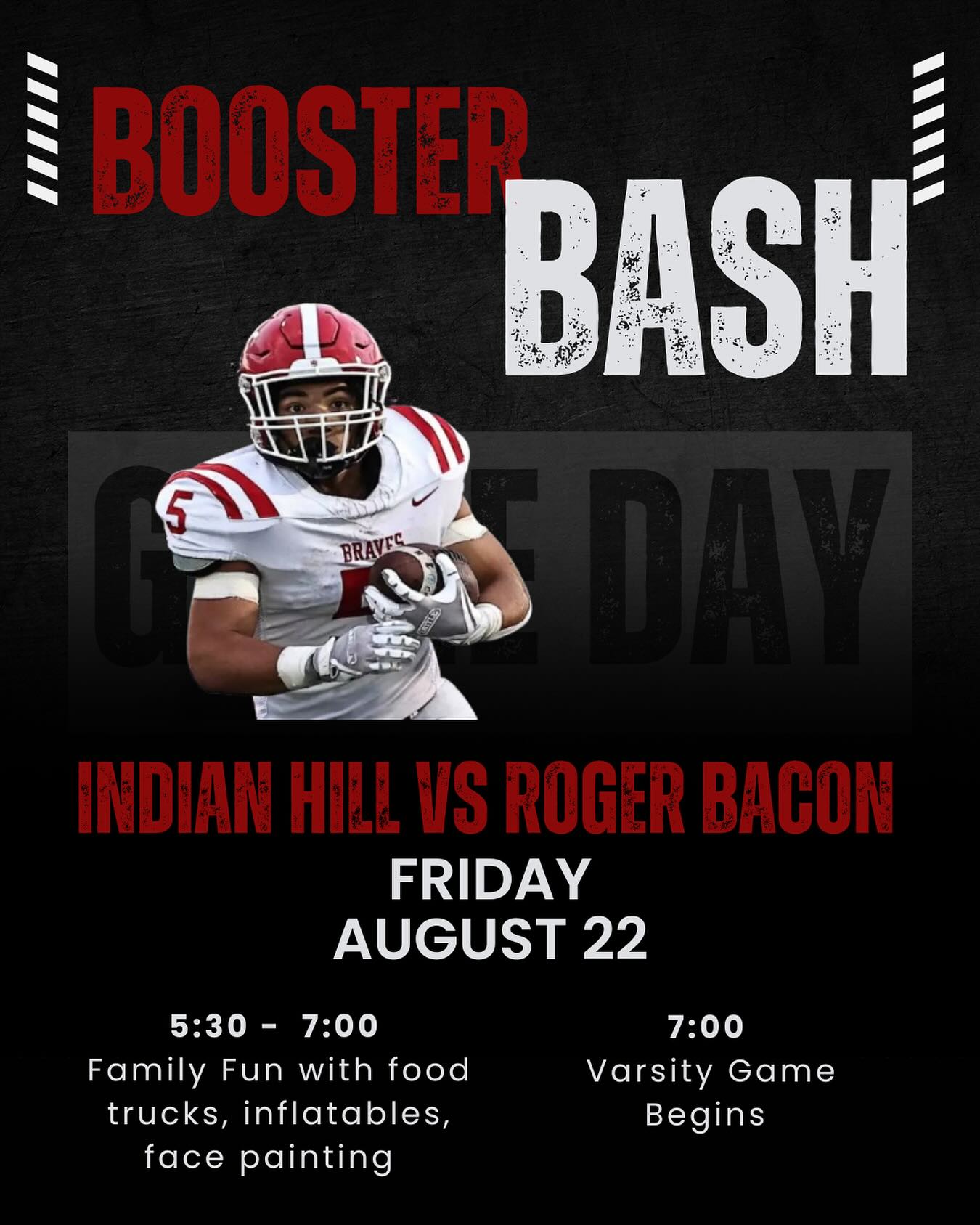 KICKOFF the 2025-26 Football season at the Booster Bash, August 22❗️ Join us at 5:30 for family fun activities. Pop into Bravesline for some new gear❕ Stay for the Varsity game as IH takes on Roger Bacon 🏈. Go Braves 🖤