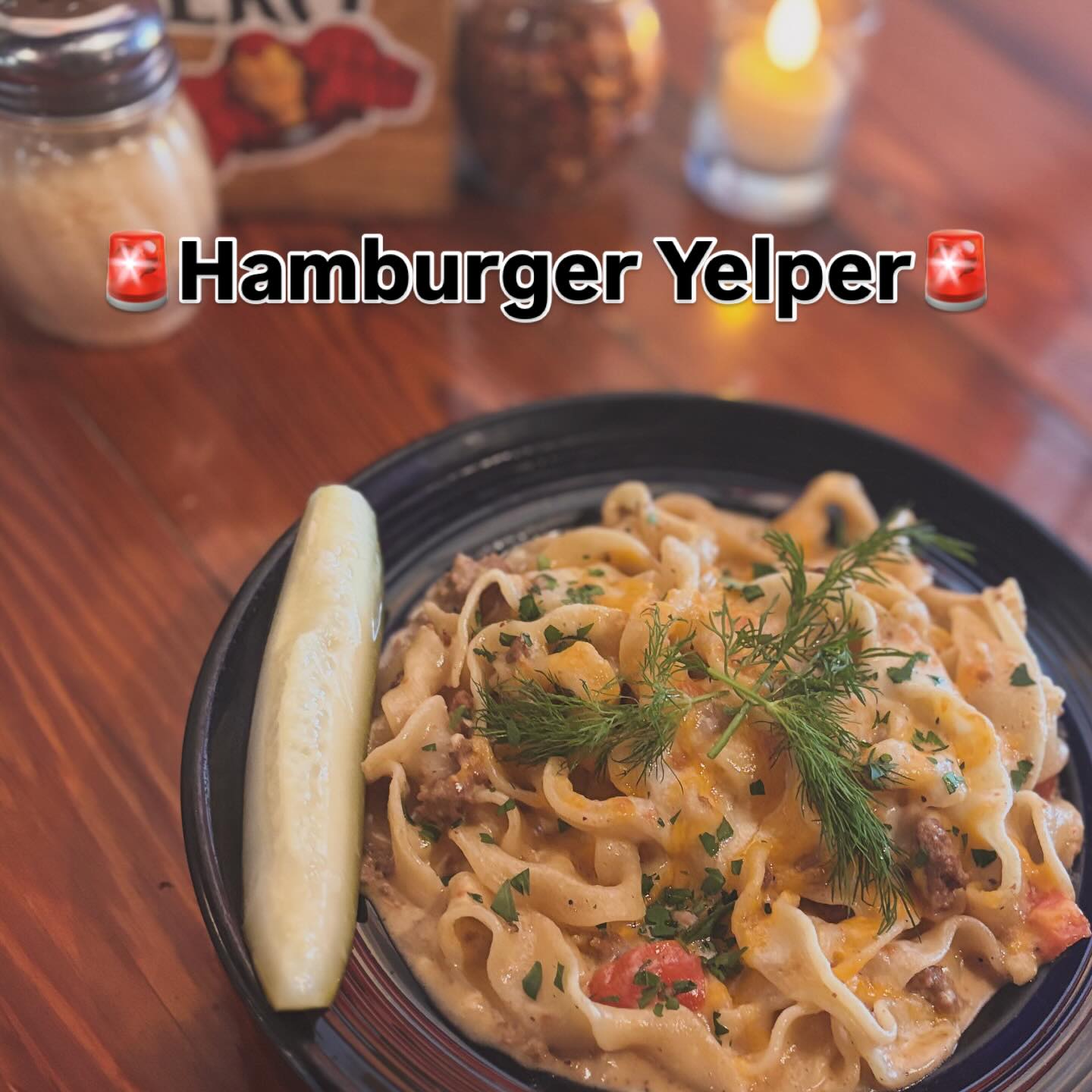 Let’s give a warm welcome back to the Hamburger Yelper! Smoked cheddar cheese sauce with ground beef, tomato and dill served with thick pappardelle noodles and, you guessed it… more cheese melted on top! Bonus: house made pickle spear. #eatfreshpasta