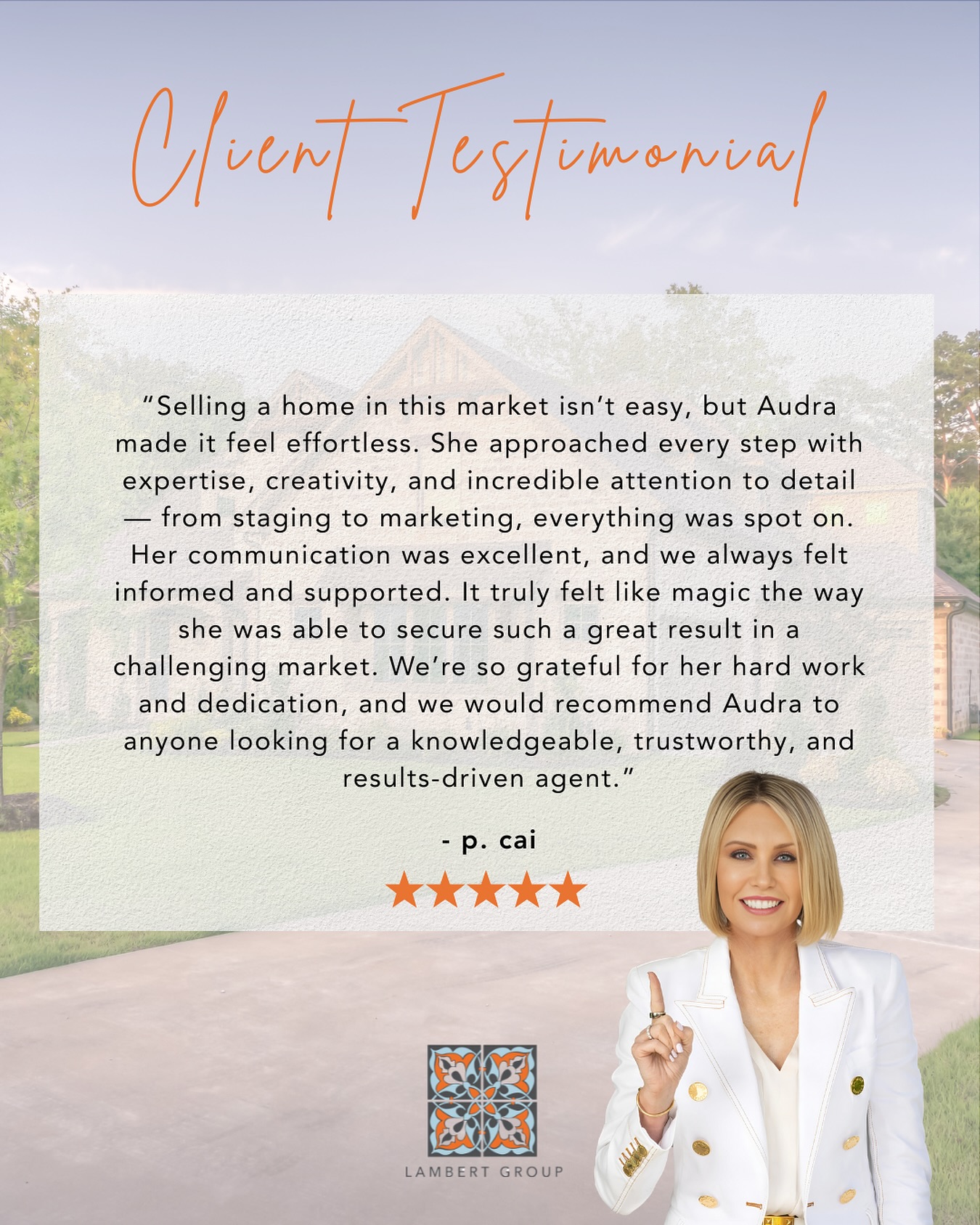 Nothing makes me happier than hearing how smooth and successful a client’s real estate journey has been 🧡
Every testimonial is a reminder of why I’m so passionate about what I do. Helping clients sell, buy, and lease homes in Orange County isn’t just about real estate — it’s about trust, relationships, and creating a seamless experience from start to finish. ✨
To my clients: thank you for allowing me to be part of your story, whether it’s finding your dream home, selling your property for top dollar, or relocating into the next chapter of your life. Your words mean the world and fuel my commitment to excellence every single day. 💫
Here’s to more success stories, more dream homes, and more happy clients ahead 🏡✨
Audra Lambert | Realtor®
DRE 01909872
📞 (949) 697-2232
📧 audra@lambertgrouphomes.com
Realty One Group West
#ClientLove #ClientTestimonial #ClientExperience #HappyClients #TopRealtor #OCHomes #OrangeCountyLiving #LagunaNiguelHomes #DanaPointRealEstate #NewportBeachRealEstate #LagunaBeachHomes #DreamHomeVibes #LuxuryLivingOC #OCRealEstate #LuxuryRealEstateAgent #SouthernCaliforniaLiving #LuxuryHomesOfInstagram #LuxuryHomesOC #RealEstateLife #TopProducingAgent #RealEstateGoals #YourTrustedRealtor #HomeSweetHome #TestimonialTuesday #LuxuryHomeExpert #gratefulheart