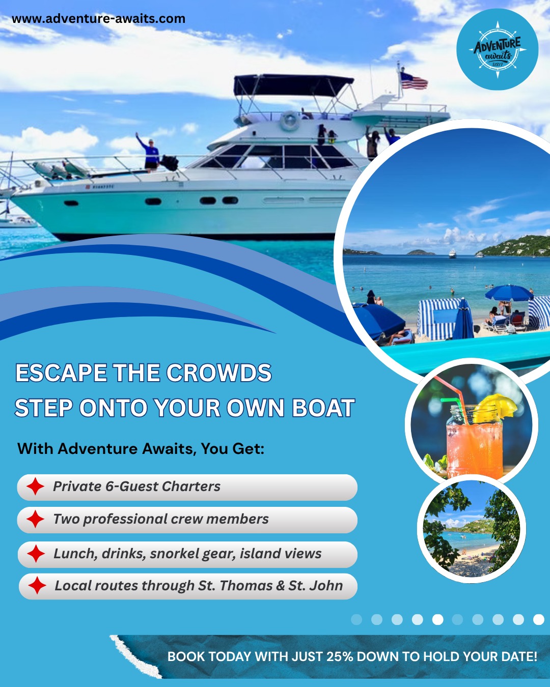 🌴 Private Paradise Awaits You
Sail the Virgin Islands with just your closest crew — no crowds, just crystal-clear waters, island flavors, and unforgettable vibes. 🛥️🌊🍍
📍 Departing from St. Thomas & St. John
🎉 Now accepting peak season bookings!
🍽️ Your crew. Your menu. Your island adventure.
📲 Tap to reserve your escape: www.adventure-awaits.com
Reach out today!
📧 Email: AdventureAwaitsusvi@gmail.com
📞 Phone: 340-203-9464
#ExploreMore #WanderlustVibes #AdventureTime #TravelGoals #DiscoverEarth #LiveForAdventure #TravelMoreWorryLess #NatureLovers #CreateMemories #BucketListAdventures #GoExplore #WanderMore #ExploreToCreate #TravelGram #SeekAdventure #LifeWellTraveled #OutdoorVibes #MakeMemories #ExploreDiscoverCreate #NatureIsCalling