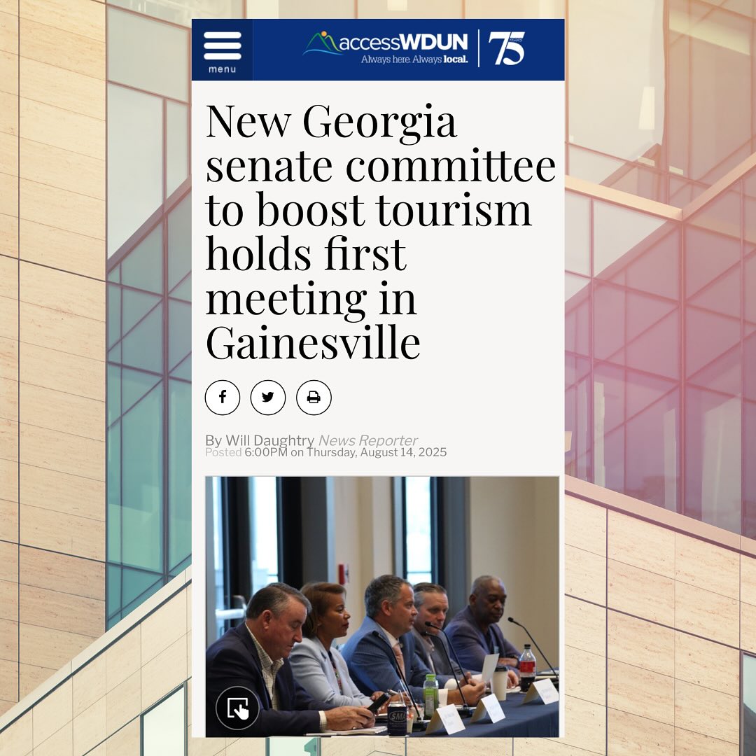 The Making Georgia the #1 State for Tourism study committee convened its inaugural meeting yesterday in Gainesville—with over 125 stakeholders in attendance, all deeply invested in boosting the state’s second-largest industry behind agriculture. Tourism is an incredible economic engine - generating nearly $80 billion in economic impact.
Sitting squarely at the intersection of economic development and cultural vitality, this committee is poised to help Georgia capitalize on its immense potential, including strategies to strengthen marketing, exploring public–private partnerships, and ensuring rural communities also reap the benefits.
I’m honored to contribute to this effort.