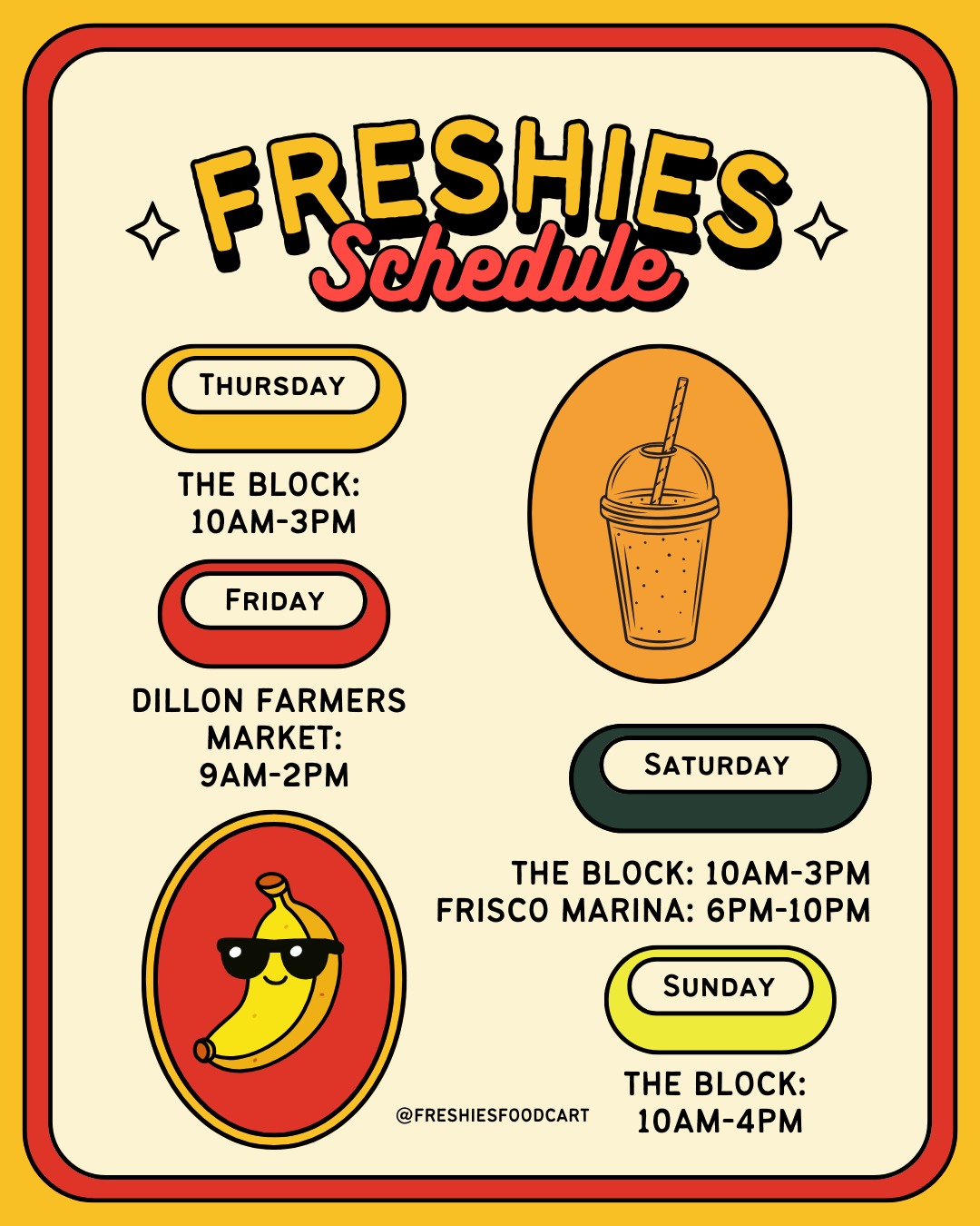 🍌 Check out this week's schedule! 🍌
Thurs 8/21:
The Block - 10AM-3PM
Fri 8/22:
Dillon Farmers Market - 9AM-2PM
Sat 8/23:
The Block - 10AM-3PM
Frisco Marina - 6PM-10PM
Sun 8/24:
The Block - 10AM-4PM
We can't wait to see you! 👋
@theblocksilverthorne
@townoffrisco