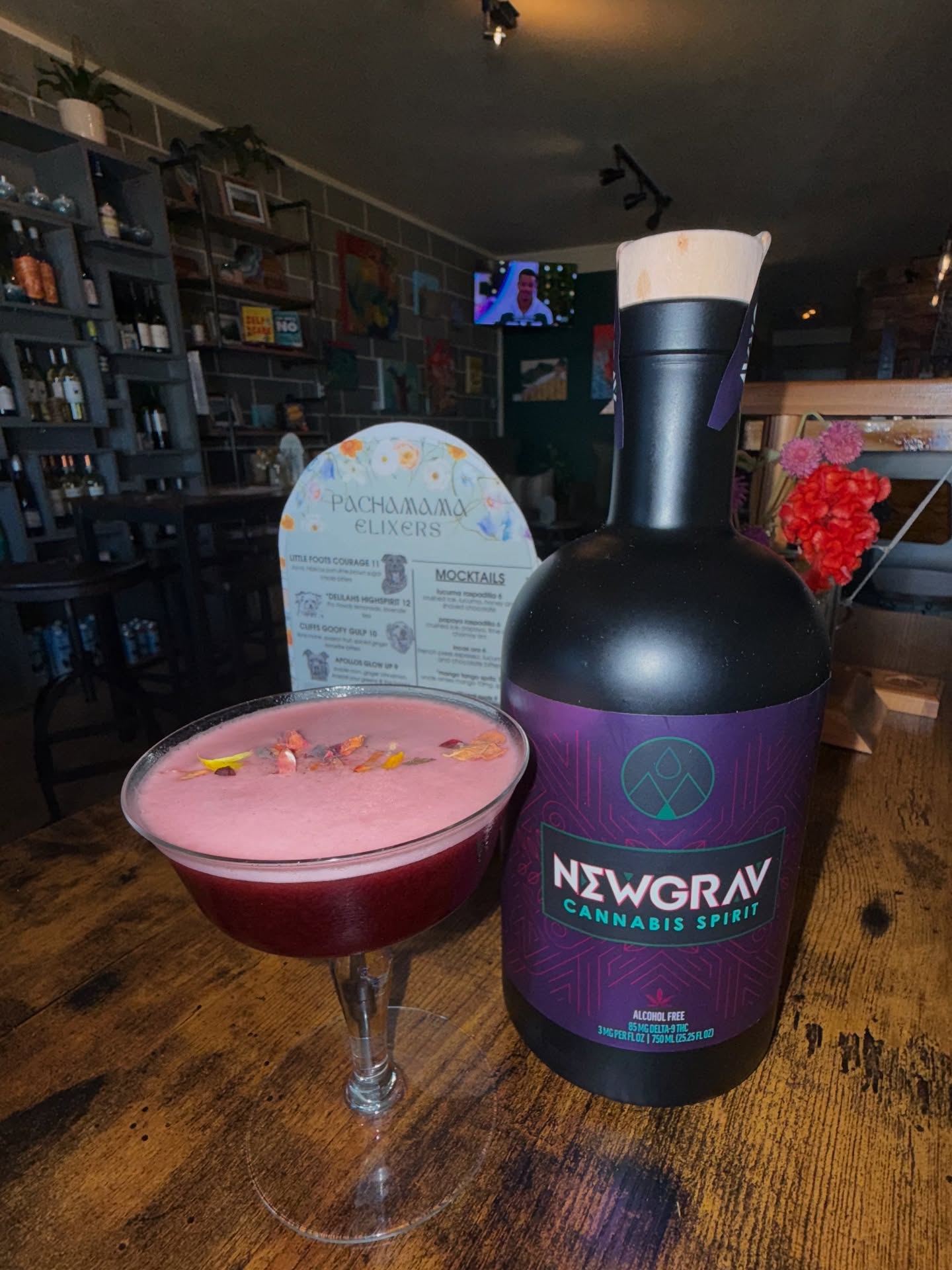 Made a hibiscus martini with our new spirit from @drinknewgrav
NewGrav Cannabis Spirit is a cannabis-based drink with 3 mg of delta-9 THC per 1 oz serving and under 5 calories. It has a mild cannabis flavor and no hangover effects. Enjoy it straight, with club soda, or use it in cocktails as a substitute for vodka, gin, tequila, or rum. Made in Greensboro, North Carolina.
