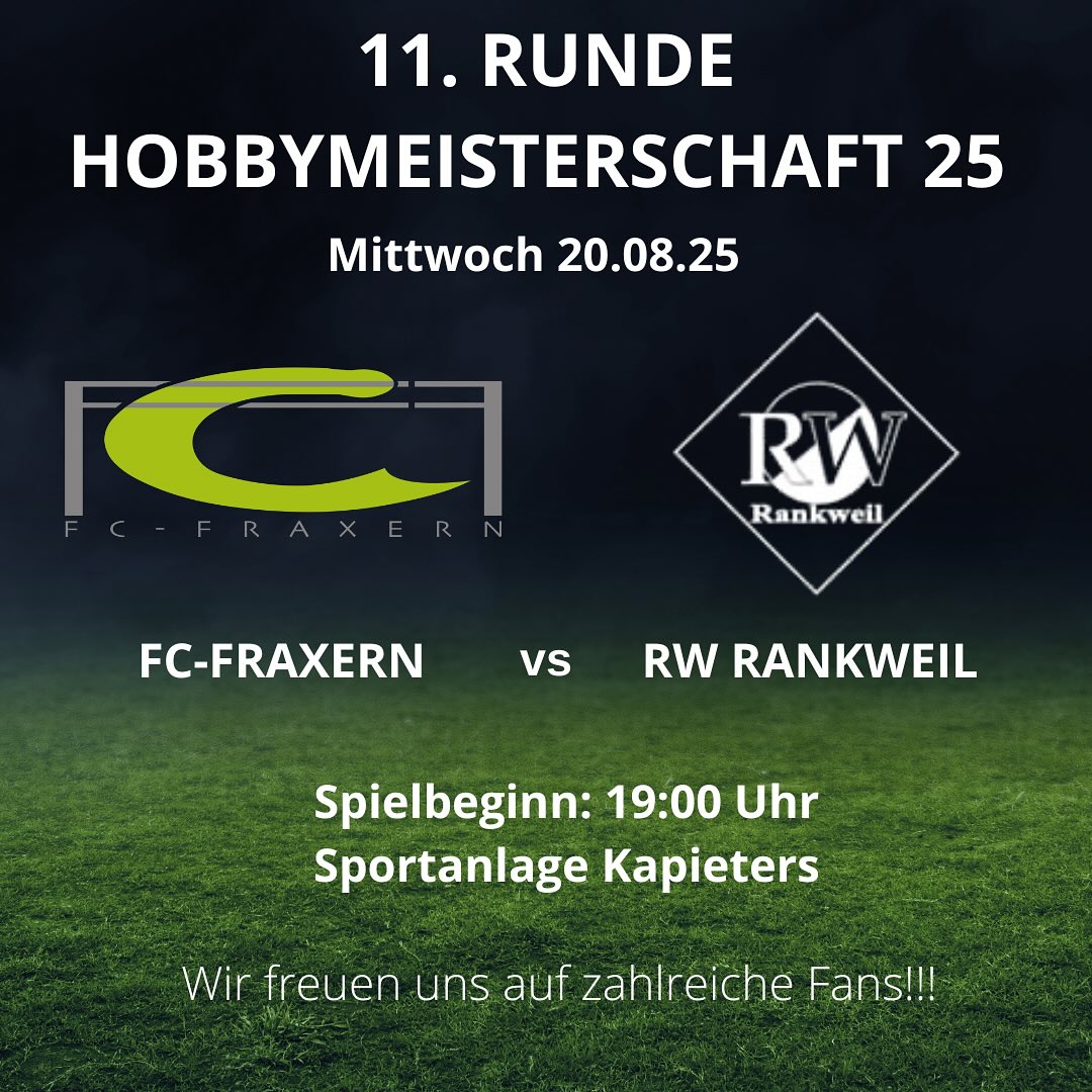 🔥 Endlich geht’s wieder los!
Nach der Sommerpause starten wir mit voller Energie in die 11. Runde der Hobbymeisterschaft 2025! 💪⚽️
Am Mittwoch um 19:00 Uhr spielt unsere elf gegen den @fcrwr . Wir freuen uns auf zahlreiche Unterstützung für unsere Mannschaft auf der Sportanlage Kapieters! ⚽️
#hobbyligavorderland #fcfraxern #fussballspielenwoandereurlaubmachen #fussball #matchday