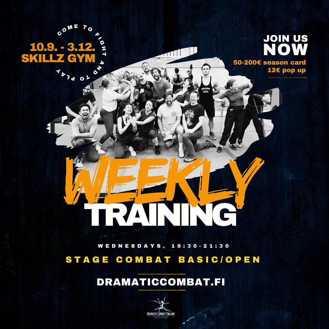 WEEKY TRAINING at Skillz Gym with our NSFS teachers in training continues! This fall we are trying something new and introducing different levels:
• Basic / Open | Wednesdays 10.9.-3.12.2025 19:30 - 21:30
These courses are open for everyone who wants to learn and experience stage combat in a safe and encouraging environment.
Topics and teachers: Broadsword led by Emil Lietzin Houlind, Smallsword led by Arvo Jean-Michael Ärlig and Knife led by Markus Järvenpää.
• Intermediate | Mondays 8.9.-1.12.2025 19:30 - 21:30
Yes! We are introducing our new intermediate courses! These classes are for those who have trained with us previously, are safe fighters, and are ready to move quickly in more advanced training styles, as well as for those, who have passed at least one test in the Nordic Stage Fight Society System.
Topics and teachers: Broadsword led by Jess Jones, Smallsword led by Anastasia Trizna, and Knife led by Henry Holopainen.
Read more and register on our webpage!