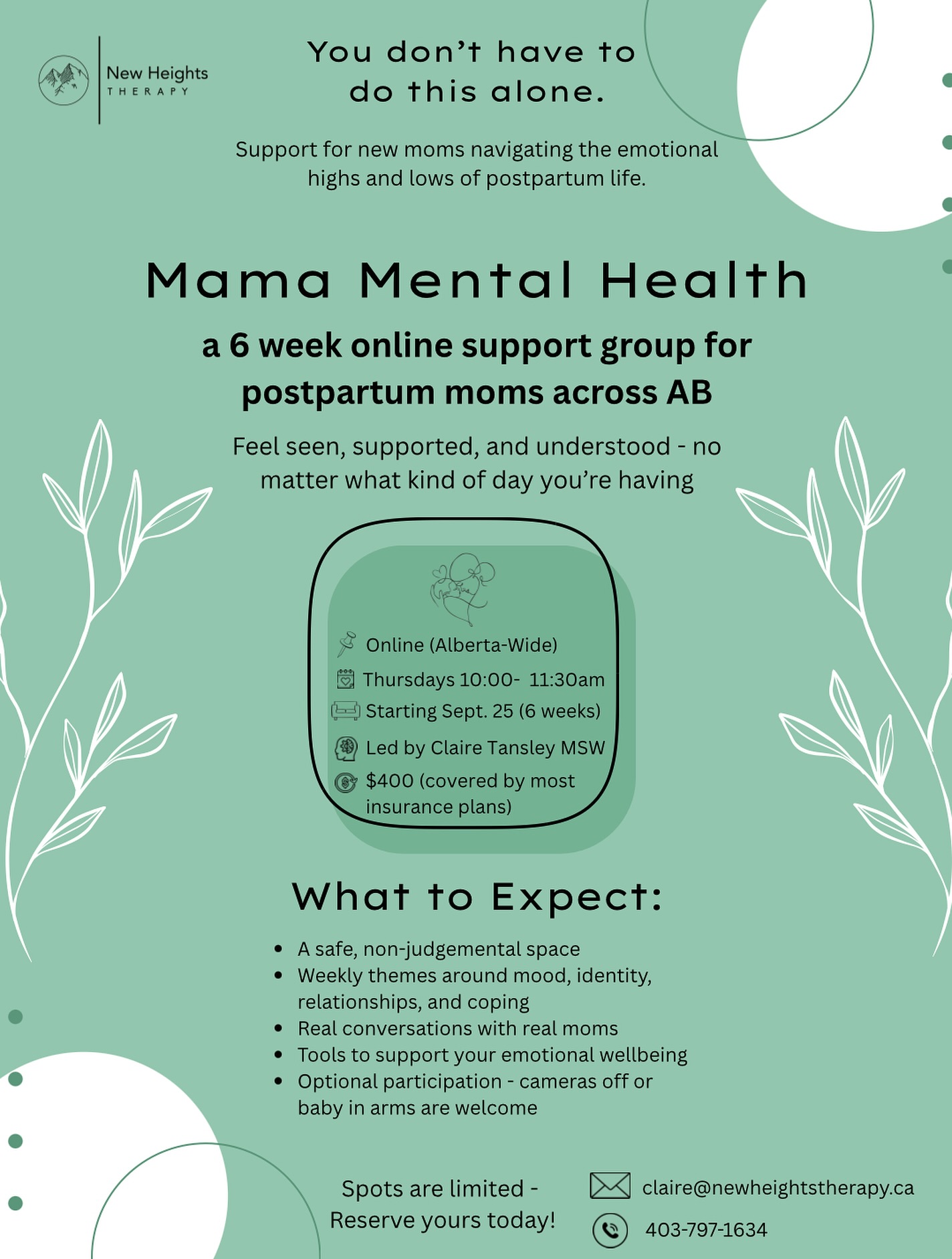 Some days you cry because you love your baby so much.
Some days you cry because you’re so touched out.
Some days you cry and don’t know why.
That’s okay. That’s real. And you’re not alone. 💚
Mama Mental Health is a 6-week virtual therapeutic support group for postpartum moms across Alberta. No pressure. No judgment. Just real talk and support.
Starts Sept 25 💻 Online
Spots are limited – dm or email claire@newheightstherapy.ca to register!