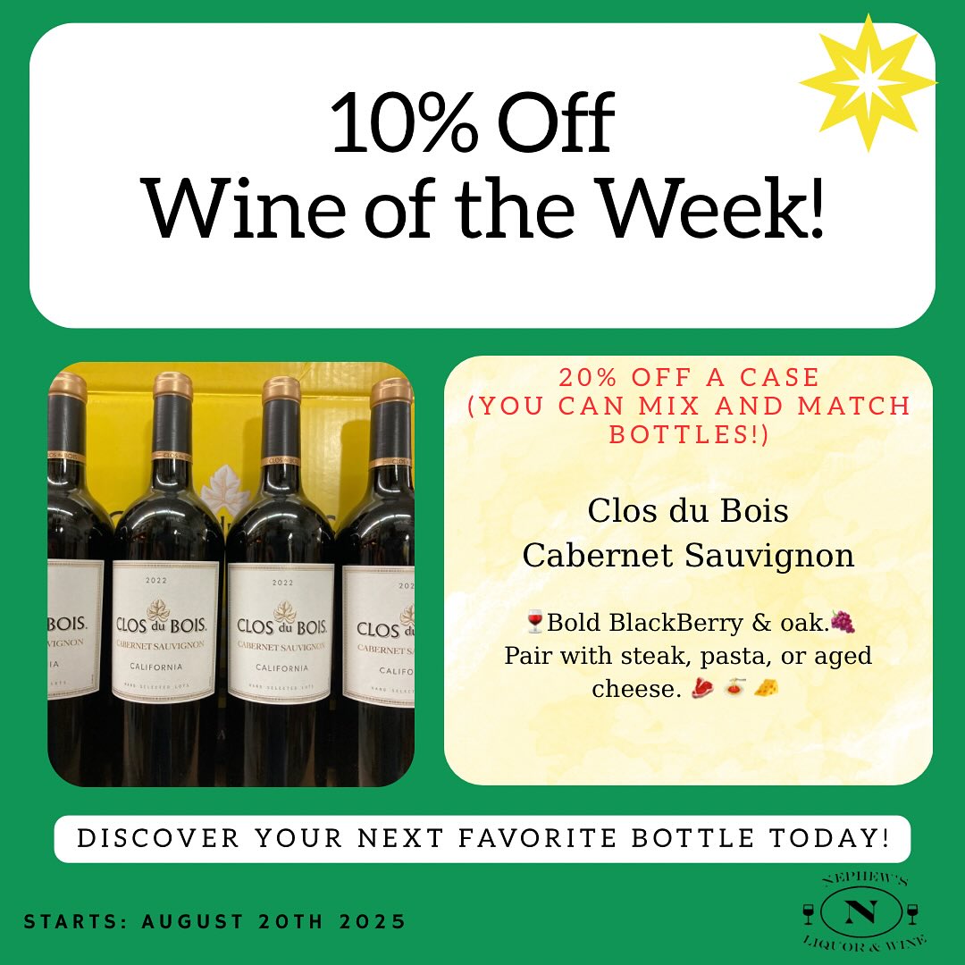 💫 Wine of the Week!
Smooth, bold flavor, timeless pairings. #ClosDuBoisCabernet #cabernetSauvignon#redWine#VinoVibes#WineTime#FoodandWine#WineWednesday#WineandDine#Adirondacks#lakechamplain#Montreal#Quebec#Vermont#ChamplainNY#RousesPointNY#UpstateNY @closdubois