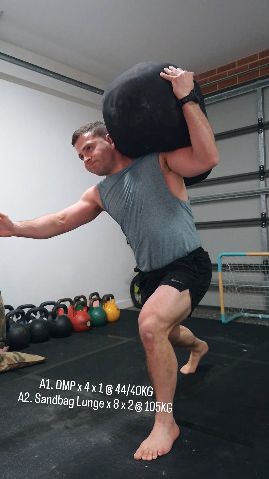 Started new blocks for presses. 40kg and 44kg. The 44 has a lot more space between the ball of the bell and the handle. If you dont get your wrist set right and lock that forearm in, then it feels horrendous to press.
Alternating lunges and bear hug squats for legs. Keeping completely away from anything that aggravates the right hip. Little wobblier then I would like on the right leg.
Todays Session - 15th AUGUST 2025
A1. DOUBLE MILITARY PRESS - 4 X 1 @ 44/40KG
A2. SANDBAG LUNGES - 8 X 2 @ 105KG
B. BANDED CURLS X 50REPS
C. BANDED EXTENSIONS X 50REPS
#strongfirst #strongfirstaustralia #KettlebellPress #sandbagtraining #kettlebelltraining