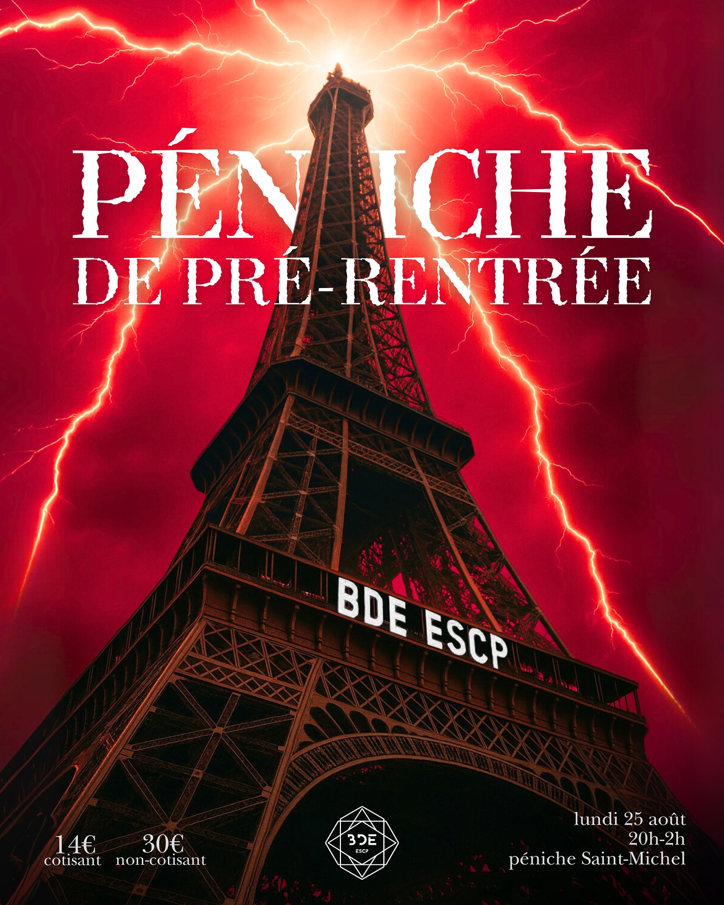 Fafu, Fafue,🩸
La rentrée approche et comme on sent que tu te grattes les veines à l’idée de rencontrer ta promo, ton BDE t’organise une soirée de pré-rentrée. 🏴☠️
Ton tout premier événement en tant que jeune Scepien aura lieu sur une péniche. ⛴️
Note que la soirée est exclusive à ta promo de fafus et interdite aux extés. 🔱
Rendez-vous le lundi 25 août à la péniche Saint-Michel, 2 quai de la Tournelle 75005
20h-2h (on commence crescendo), pas de stress la péniche restera à quai.
14€ pour les cotisants BDE ESCP 🖤
30€ pour les autres (il est encore temps de faire le bon choix et de prendre sa cotiz 🤌)
1 conso offerte + 1 conso gratuite à gagner (mais on t’expliquera comment en temps et en heure) ⚡️
Conso : 3€
Soft : 2€
Dress code : pas de dress code 🧌
Ouverture de la billetterie le mardi 19 août, shot gun à 13h 🚨
