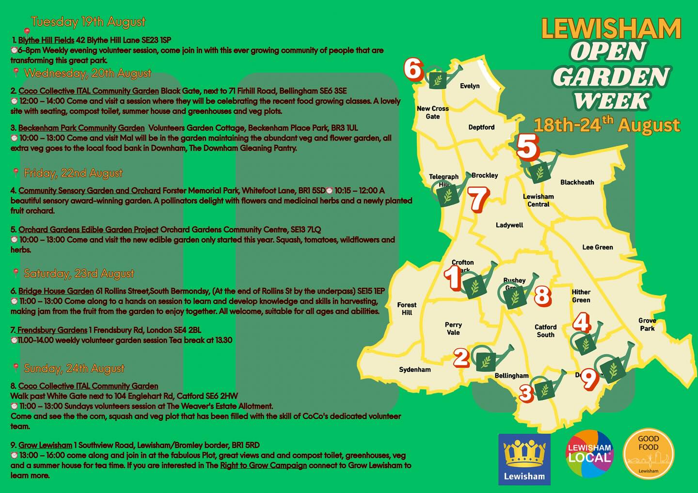 Lewisham Open Garden Week. Connect to a local community garden and see if you would like to get involved with volunteering. A great way to meet new people, learn new skills, fresh air and fitness. šŖ. #lewisham #lewishamopengardenweek25
šĀ Tuesday 19th August
Blythe Hill Fields 42 Blythe Hill Lane SE23 1SP
ā°6-8pm Weekly evening volunteer session, come join in with this ever growing community of people that are transforming this great park.
šĀ Wednesday, 20th August
Coco Collective ITAL Community Garden Black Gate, next to 71 Firhill Road, Bellingham SE6 3SE
ā°Ā 12:00 ā 14:00 Come and visit a session where they will be celebrating the recent food growing classes. A lovely site with seating, compost toilet, summer house and greenhouses and veg plots.
Beckenham Park Community GardenĀ Ā Volunteers Garden Cottage, Beckenham Place Park, BR3 1UL
ā°Ā 10:00 ā 13:00 Come and visit Mal will be in the garden maintaining the abundant veg and flower garden, all extra veg goes to the local food bank in Downham, The Downham Gleaning Pantry.
šĀ Friday, 22nd August
Community Sensory Garden and OrchardĀ Forster Memorial Park, Whitefoot Lane, BR1 5SDā°Ā 10:15 ā 12:00Ā A beautiful sensory award-winning garden. A pollinators delight with flowers and medicinal herbs and a newly planted fruit orchard.
Orchard Gardens Edible Garden Project Orchard Gardens Community Centre, SE13 7LQ
ā°Ā 10:00 ā 13:00Ā Come and visit the new edible garden only started this year. Squash, tomatoes, wildflowers and herbs.
šĀ Saturday, 23rd August
Bridge House Garden 61 Rollins Street,South Bermondsy, (At the end of Rollins St by the underpass) SE15 1EP
ā°Ā 11:00 ā 13:00 Come along to a hands on session to learn and develop knowledge and skills in harvesting, making jam from the fruit from the garden to enjoy together. All welcome, suitable for all ages and abilities.
Frendsbury GardensĀ 1 Frendsbury Rd, London SE4 2BL
ā°11.00-14.00
weekly volunteer garden session Tea break at 13.30
šĀ Sunday, 24th August
Coco Collective ITAL Community Garden
Walk past White Gate next to 104 Englehart Rd, Catford SE6 2HW
ā°Ā 11:00 ā 13:00 Sundays volunteers session at The Weaver's Estate