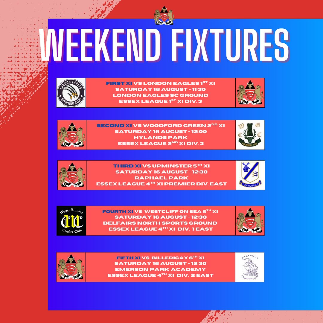 Weekend Team News
1s @london_eagles_sc
2s Vs @woodfordgreencc
3s Vs @upminstercc
4s @westcliff_cricket
5s Vs @billericaycc
Sunday
We are fielding two sides for the first time in a number of years.
Sun A @woodfordwellscricketclub
Sun B Vs @st_johns_billericay_cc