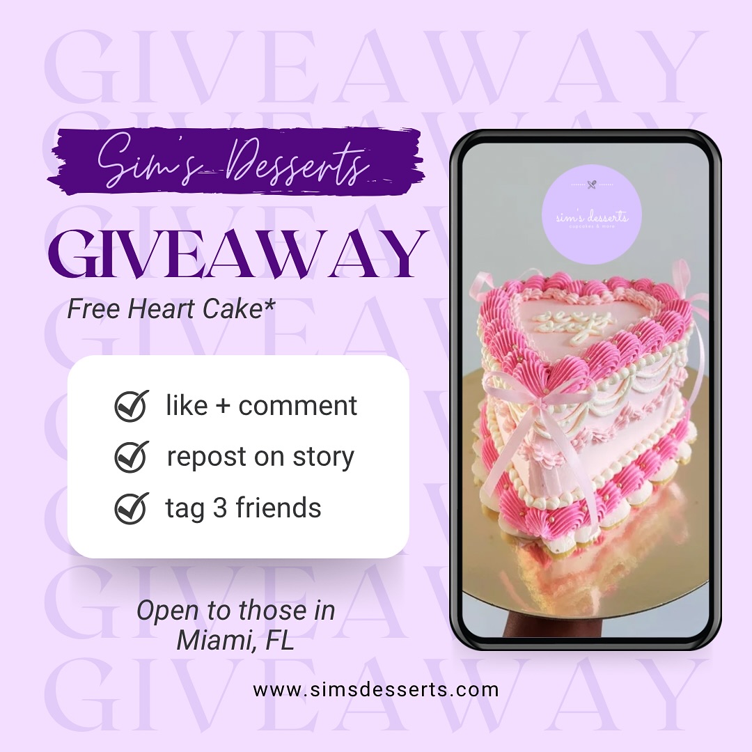 Back to School Giveaway!!
Sim’s Desserts is giving away a FREE vintage heart cake to one lucky winner! 🎉
How to Enter:
1️⃣ Like this post ❤️
2️⃣ Follow @sims.desserts
3️⃣ Tag 3 friends in the comments (each tag = 1 entry, unlimited entries!)
4️⃣ Comment the color🍰
5️⃣ Share this post to your story and tag me (@sims.dessert) – must stay up for 24 hours to be valid (we’ll check!) ✅
Giveaway Details:
✨ Starts: Friday, August 15th, 2025
✨ Ends: Sunday, August 31st, 2025 at 11:59 PM EST
✨ Winner notified September 1st
✨ Valid until December 5th, 2025 (select weeks may be unavailable) ⏰
✨ Miami only!
Good luck! 🍰💕 #cakegiveaway #FreeCupcakes