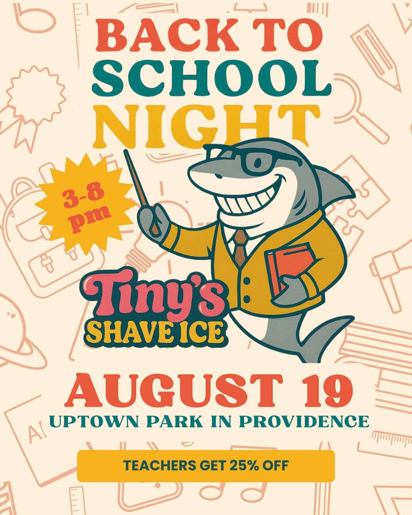 📚 ✏️ Back to School Night = Treat Yourself Night! 🍧
Teachers, this one’s for you—enjoy 25% OFF your favorite Tiny’s Shave Ice treat because you deserve it! 💙
Come join us for a night of sweet fun:
📍 Tuesday, Aug 19 – Uptown Park
⌚️ 3:00-8:00 pm
Stop by, cool down, and let us add a little sweetness to your evening.
#TinysShaveIce #BackToSchoolNight #TeachersRock #TeacherDiscount #CoolTreatsHotDays #GummySharkIncluded #cachevalleyevents #cachevalleyutah #providenceutah