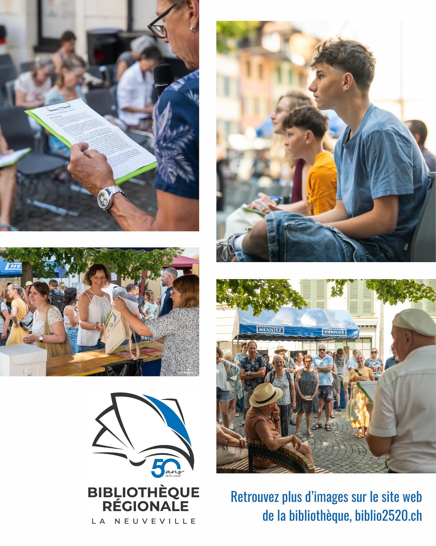 🎉 50 ans, et toujours autant d’amour pour les mots et la lecture! 📚✨
Samedi 16 août, vous étiez nombreuses et nombreux à participer à notre grande dictée publique sur la place de la Liberté. Un texte unique, rédigé pour l’occasion par Michaël Bloch et lu par Christophe Gutzwiller. Un vrai moment de complicité, de culture et de rires, sous un soleil radieux ☀️
🥂 Merci à toutes et tous pour votre présence! Un merci tout particulier à Jean-Louis Bloch, président de notre association, pour l’organisation de cette fête mémorable. Vous avez prouvé à quel point votre bibliothèque compte dans la vie de La Neuveville 💛
📖 Rendez-vous pour les 50 prochaines années d’histoires partagées…
📸 @cyrillemotion (retrouvez d’autres images de la manifestation sur notre site internet!)
#LaNeuveville #Bibliothèque #50ans #Jubile #DictéePublique #Culture #Lecture #BibliothequeLaNeuveville