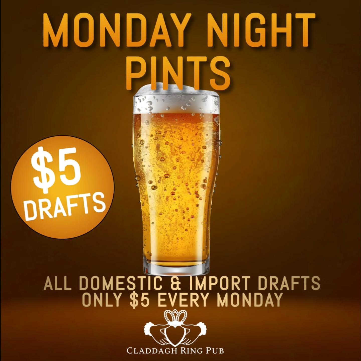Join us for Monday Night Pints! All Domestic and Import Drafts are only $5