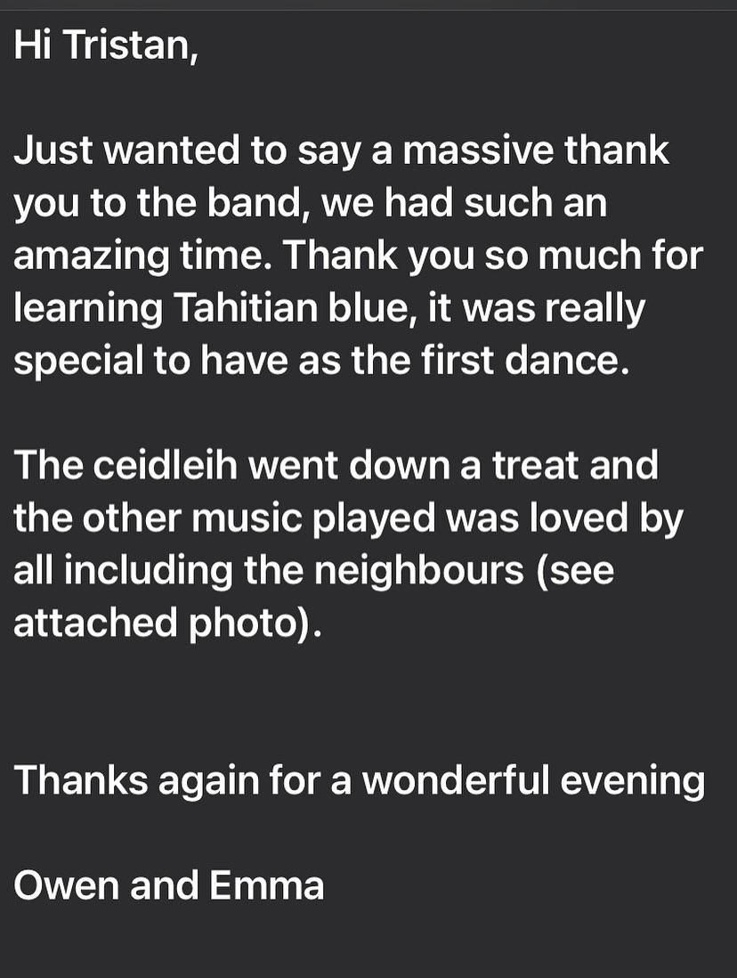 Testimonial! Thank you Owen, Emma and the neighbours 😂. With @michaelleeuk vocals and gtr, @mr.quilter @paulmallyon drums @grantdoylebaritone and Piotr on fiddle #weddingband #Irishmusic #irishtrad ##weddingentertainment #entertainmentindustry #livemusic #coverband #Irishweddingbanduk #functionband #rockcoversband #miraclecure_band #thescene #indiecoversband #ibanez #ibanezprestige #fishman #martinaudiolondon #voxampsuk #weddingbands #corporateevents #irishtrad #Irishmusic #turbosound #eventsplanner #ceilidh #ceilidhband #corporateeventplanner #corporateevents #myweddingsuppliers #folkweddingband #miraclecure_band