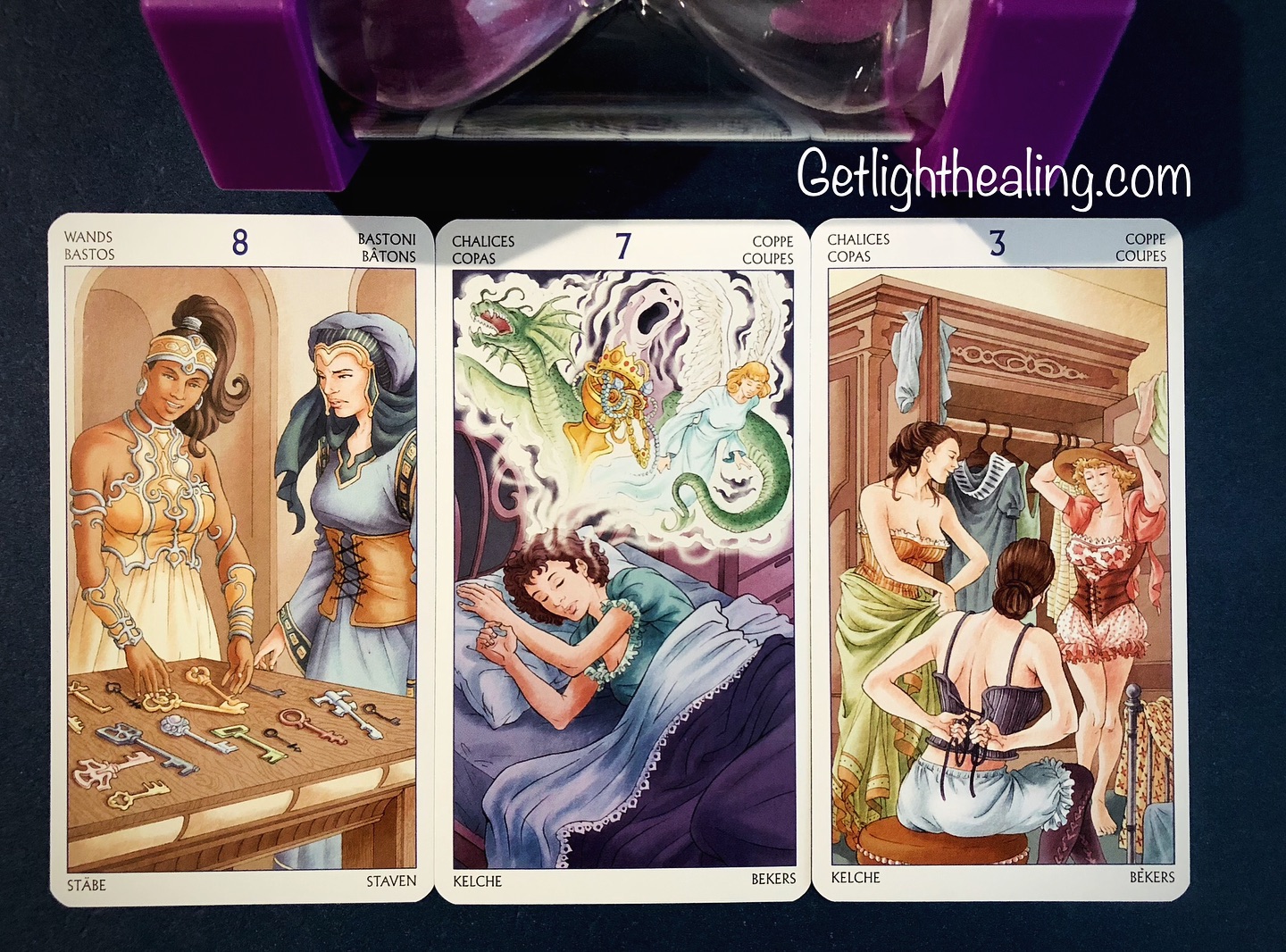 Guidance for September 14, 2025:“Separating the Real Deal from All the Glitter”
This week could bring many opportunities to open several doors. Given this vast array of keys to choose from, you could be left feeling delightfully excited or completely overwhelmed—I’m sensing more of the latter. Who knows if all those keys work or have an actual door to unlock? 8 of Wands signals there’s a sense of urgency in taking action—of choosing a door before time runs out. This only adds to the confusion. Things may move quickly, so you’ll be forced to think fast on your feet. Pay attention to everything: how opportunities are showing up and who is delivering them. Watch your tendency to procrastinate when it feels “too hard to choose”. Instead, concentrate on sorting “the dreams from the potential nightmares”. Which ones are the most real and have the best potential to turn into something solid? While it’s hard to know the results or outcomes of our actions, we must still make the best decision based on the information presented and how well we know ourselves. Clarify your priorities first before choosing a door to minimize the risk of falling victim to temptation or wishful thinking. Evaluate all angles. What is closest to potentially providing genuine emotional and spiritual satisfaction, not just serving your material wants? You may have to sleep on it or consult those nearest and dearest to you for insight. They would not only offer support through this process but help keep you grounded—standing ready to remind you of your priorities lest you delude yourself. It’s best to consider which option would bring you the most happiness, help you feel most connected to others, or simply be the most fun. Be joyful that there are so many options on the table to indulge in!
Incoming Influence: 8 of Wands
What to Concentrate on: 7 of Cups
Best way Forward: 3 of Cups