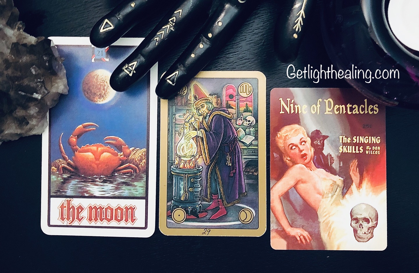 Guidance for September 28, 2025:”Free from Sin and
Protect Us from All Anxiety”
Deliver us from the unhinged. You find yourself in an environment saturated with deep emotions and little logic—a space that reflects the sensitivities, shifting moods, and perhaps anxieties of everyone involved. It’s often claimed, the full moon brings out erratic or antisocial behaviors in sensitive individuals. Are all parties operating from the same level of reality? Dreams live in the Moon’s realm, as do the unconscious parts of ourselves—those darker expressions of fantasy, moodiness, and inconsistency – that wax & wane. It can make for tricky navigation around the challenge of the Dark Magician, but the Moon suggests applying an alternative approach to the problem. This shadow figure creates artificial lives of a darker nature to feed the ego (Sun/Leo), investing enormous energy into manifesting a perverted, inverted, and distorted version of reality. It represents a betrayal (Pluto) of natural gifts and talents (Leo/Sun)—manifestations aided by spiritual forces that play to fantasy while abandoning logic entirely. And like the sidewinding crab, may use passive-aggressive maneuvers designed to trigger anxieties. A symbol of time, The Skulls sing “This too shall pass”. Don’t become too freaked out by current circumstances & allow this Dark Magician energy to get the best of you. Instead, demonstrate restraint while remaining gracious. Be somewhat reserved, maintaining rulership over your impulses through self-control. The 9 of Pentacles reminds you that there’s a wealth that extends far beyond money. Peace of mind, feeling blessed & truly enjoying the sweetness that still surrounds you are priceless. Take solace in natural, peaceful environments avoiding the unpleasant—perhaps a lake house, garden, or beach. Spend time alone in beautiful spaces where you can retreat and recharge. Strive to be a class act grounded in gratitude, tact, and refinement in all your dealings with this Dark Magician.
Theme: The Moon
Challenge: The Dark Magician (Leo-Sun/Scorpio-Pluto)
Advice: Nine of Pentacles