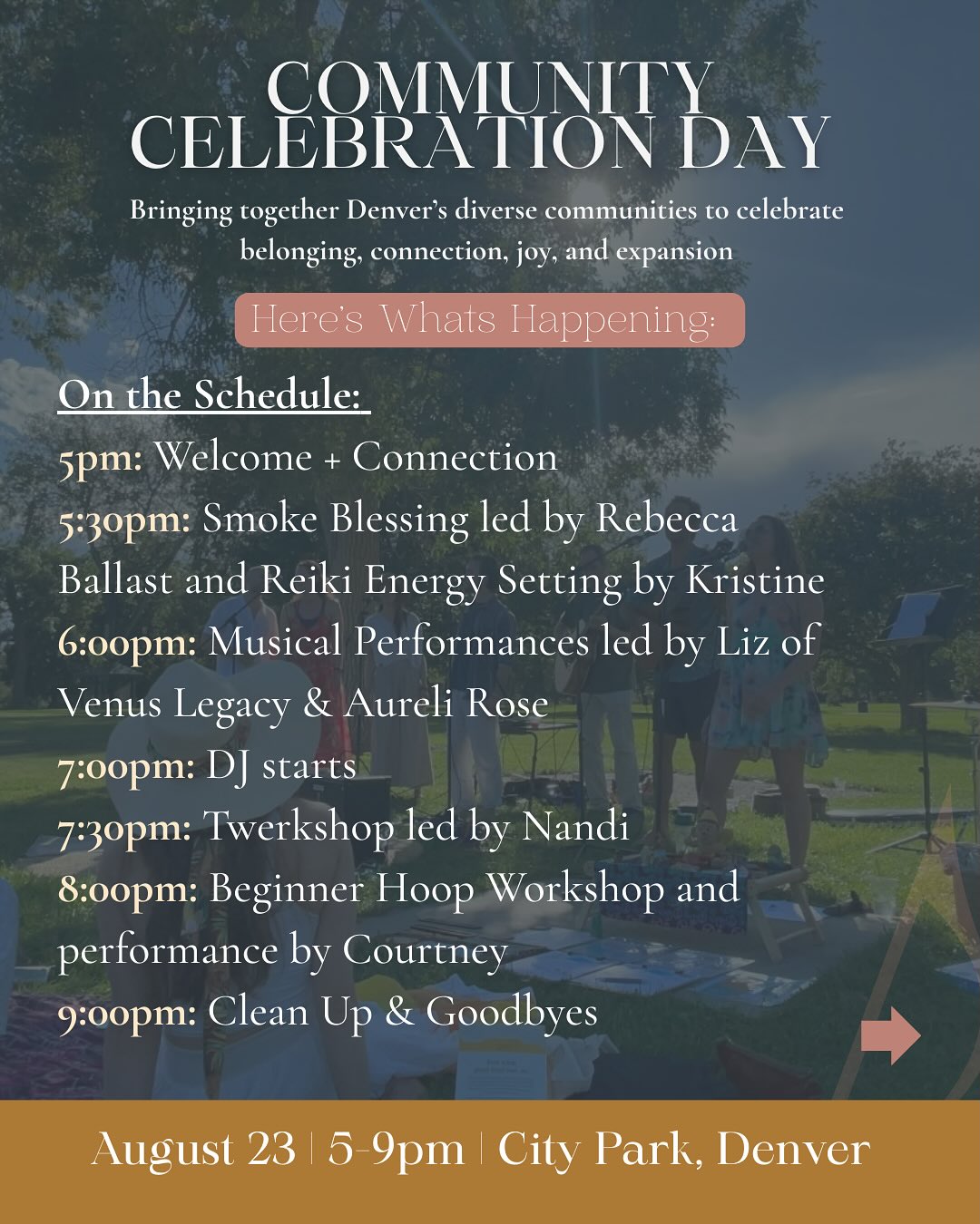 ✨ Community Celebration Day Schedule + Offerings ✨
We can’t wait to celebrate with you this Saturday!
Here’s what’s happening throughout the evening 🙌
5:00 PM: Welcome & Connection
Gather, ground, and meet one another as we open the space together.
5:30 PM: Smoke Blessing & Reiki Energy Setting - A beautiful blessing led by @reba.303 & @kristinekmunro to cleanse, honor, and set intentions for the night.
6:00 PM: Musical Performances
Live music/ song circle from @thevenuslegacy & @her.temple.healing
7:00 PM: DJ Starts
Were going to turn up the energy and dance into the evening 🪩
7:30 PM: Twerkshop 🍑 with @nandi.camille
A playful movement workshop with Nandi - come ready to shake, laugh, and move your body!
8:00 PM: Beginner Hula Hoop Workshop ⭕️+ Performance
Learn new hoop skills and enjoy a performance led by our assistant here at Sakala @simplifiedpath.studio @flow_limitlessly
9:00 PM: Clean Up & Goodbyes
Closing the night together with gratitude 🙏
Other Offerings Throughout the Evening:
🍲 COMMUNITY POTLUCK: Bring a dish to share + nourish! When you RSVP you will be sent a link to sign up via a Google Sheet!
Experience stations:
💆 Chair Massages with Julie @soulfulsistersbodywork : Drop in for a moment of relaxation.
🌿 Ear Acupuncture: Healing support with Victoria of @healershubcolorado & @mysoulspace2023
🤍 Somatic Self-Tying Station: Explore body awareness and grounding with @earthly.entanglement
🌈 Sarah’s Kaleidoscope Playhouse: A space for colorful play and creativity @playfullysarah
🎨 Collective Canvas Art Piece: Add your touch to a collaborative work of art facilitated by @freeyourmindcreative
✨ It’s going to be a night of connection, movement, healing, creativity, and community. We can’t wait to celebrate with you! ✨
Click the link in bio to join us this Saturday 8/23 from 5-9pm at City Park- you won’t want to miss it 🙌
#CityParkCelebration #DenverCommunity #RootedInJoy #WeBelongTogether #communitiesofdenver #coloradocommunities #communityovercompetiton #communitylove #summercelebration #uniting #collaborateovercompetition