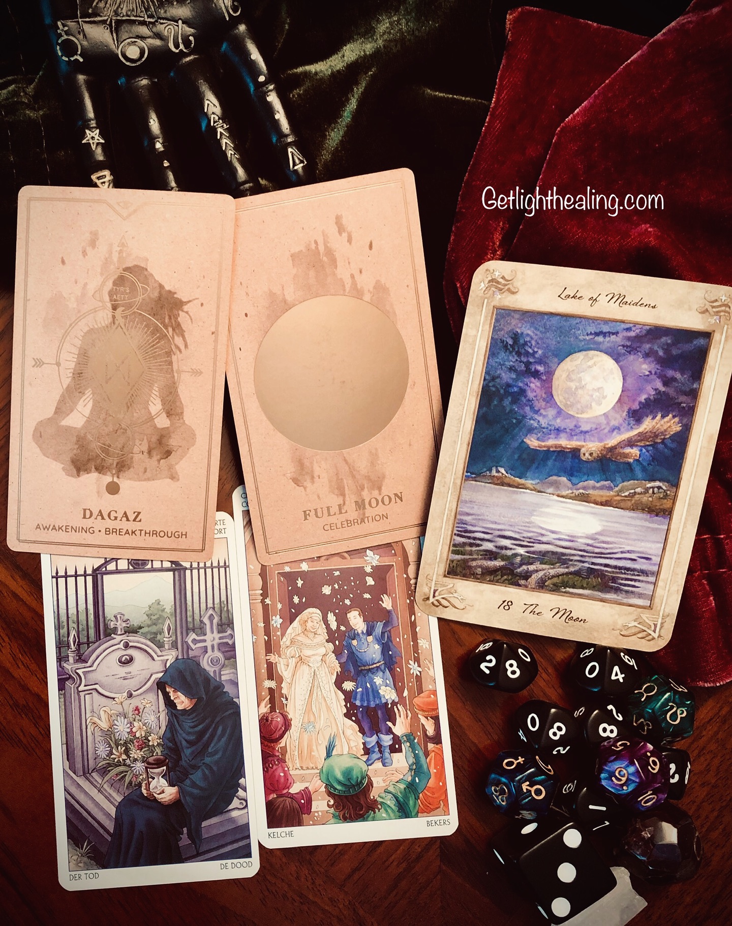 Guidance for September 7, 2025:“Seeing Things Differently”
Your Current Path: Full Moon/Dagaz
What You’re Wisely Choosing to Avoid: Death/ 10 of Cups
The Higher Path Ahead to Stay On? The Moon
You’re experiencing a profound paradigm shift that has fundamentally altered your reality (Dagaz). Whether triggered by world events, personal discovery, or seeing someone’s true nature, darkness has been illuminated. The fog of confusion has burned away, revealing the true nature of your situation—and yourself. It’s the kind of clarity you achieve after cycling through the same lesson a couple of times. Suddenly, pieces that never fit before click into place. Your entire worldview has shifted 180 degrees, changing everything you believed to be real. It’s that breakthrough moment where you finally get it. The Full Moon can intensify emotions, and this spread has two! The stark contrast of tone between the images of Death and the 10 of Cups reveals a tendency toward all-or-nothing thinking that you are wisely trying to avoid: “This is the end!” versus “Happily ever after!”. You’re resisting the temptation to oscillate between extremes: doom and gloom vs. royal fairy tales. While this awakening does represent both an ending (to old perspective) and a glorious beginning (new awareness), extreme emotional mood swings will not serve you. It’s the end of an era, and you’re caught between worlds, but that’s exactly where wisdom lies—adjusting in that liminal space. The Owl (wisdom) flies above this emotional turbulence, offering a spotlight on what needs examination. As situations shift and new truths emerge, old habits and fears may surface —stuff so deep you never see it float to the top unless something this intense happens. This is your opportunity to observe them honestly with detachment rather than being drowned by them. Choose to see this new status as opportunity rather than crisis. Like both the Moon and Death, this clarifying awakening was inevitable. The Moon appears as a reminder that, as much as has been revealed, there’s even more you don’t know. Continued revelations remain, with new normals yet to be reached.