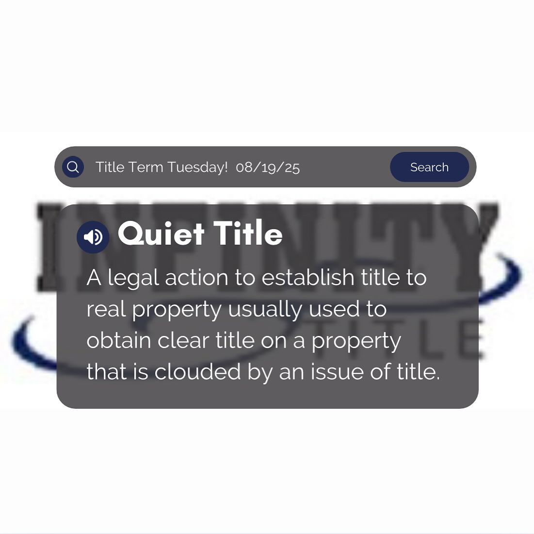 Good morning Title Family! Today's Title Term Tuesday is : Quiet Title - A legal action to establish title to real property usually used to obtain clear title on a property that is clouded by an issue of title.