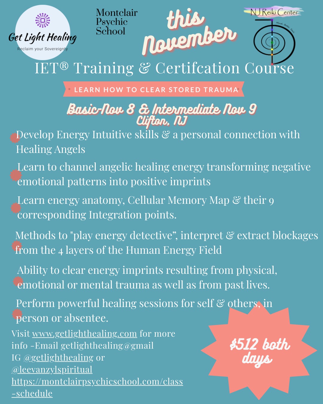 THIS CLASS IS NOW SOLD OUT!!
IET Basic & Intermediate Weekend Training next round of dates at the MontClair Psychic School in Clifton-November 8 & 9 2025.
Space is limited to 8 & filling fast. Visit https://montclairpsychicschool.com/class-schedule to register.
$512 for both days.
**Price includes a handbook, a hand position quick reference guide, a printed certificate, and registration with the Center of Being. Visit www.learniet.com for more info on IET.
"Learn to Pull the Issues Out of Your Tissues for Good!"