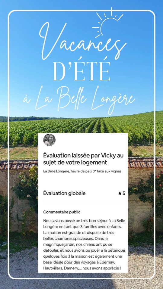 Merci Vicky pour cette nouvelle évaluation 5 étoiles 🌟 🌟 🌟 🌟 🌟 qui continue d'ensoleiller les vacances d'été de @labellelongere ! ☀️🙏
C'est un tel plaisir de voir nos visiteurs heureux et détendus, leurs enfants enchantés, leurs chiens défoulés...🐕
(La Belle Longère, gîte et événementiel 3 étoiles dans les vignes champenoises, évaluations 5 étoiles, expériences bien-être et oenotouristiques, évasion et sérénité, vacances en famille et entre amis dans notre meublé de tourisme kids & pets friendly)