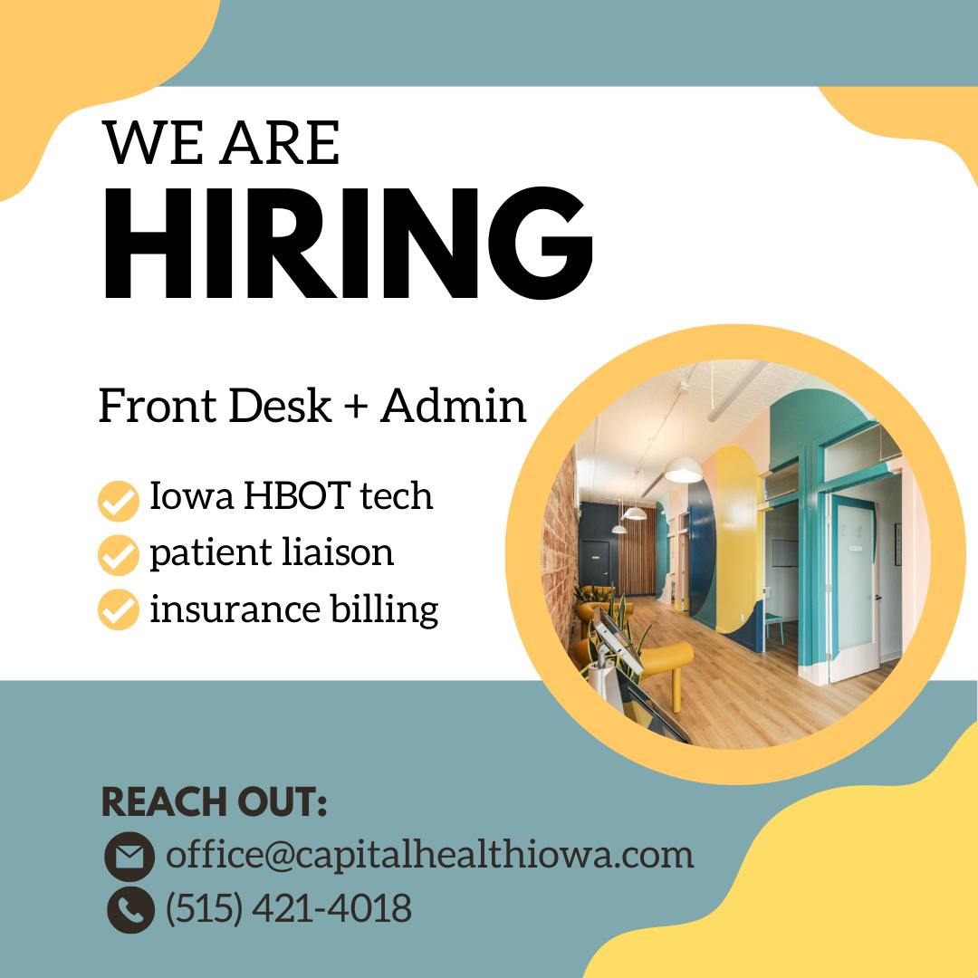 We’re looking for a Front Desk + Admin superstar to join our team, someone who can wear many hats, from Iowa HBOT tech to patient liaison and insurance billing support. If you’re organized, friendly, and love making a difference, we’d love to hear from you!
📧 office@capitalhealthiowa.com
📞 (515) 421-4018
On a bittersweet note, we’re saying goodbye to our beloved Josie, who has been such a bright light in our clinic. Josie will be starting an exciting new chapter in St. Louis, and while we’ll miss her dearly, we’re cheering her on every step of the way.